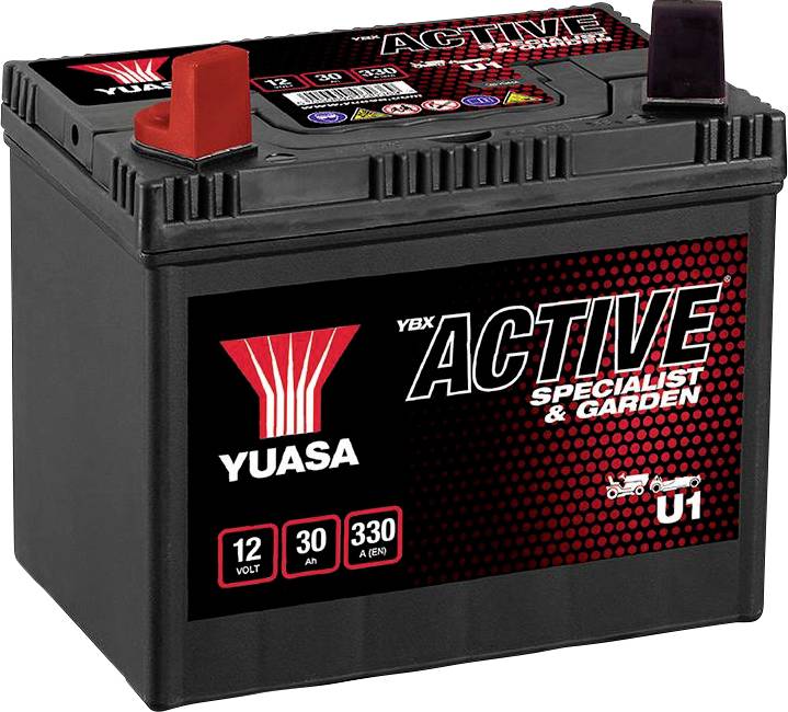 Eine schwarze 12-Volt-Batterie mit den Aufschriften „YUASA“ und „ACTIVE Specialist & Garden“. Links ein roter Pluspol, rechts ein schwarzer Minuspol.