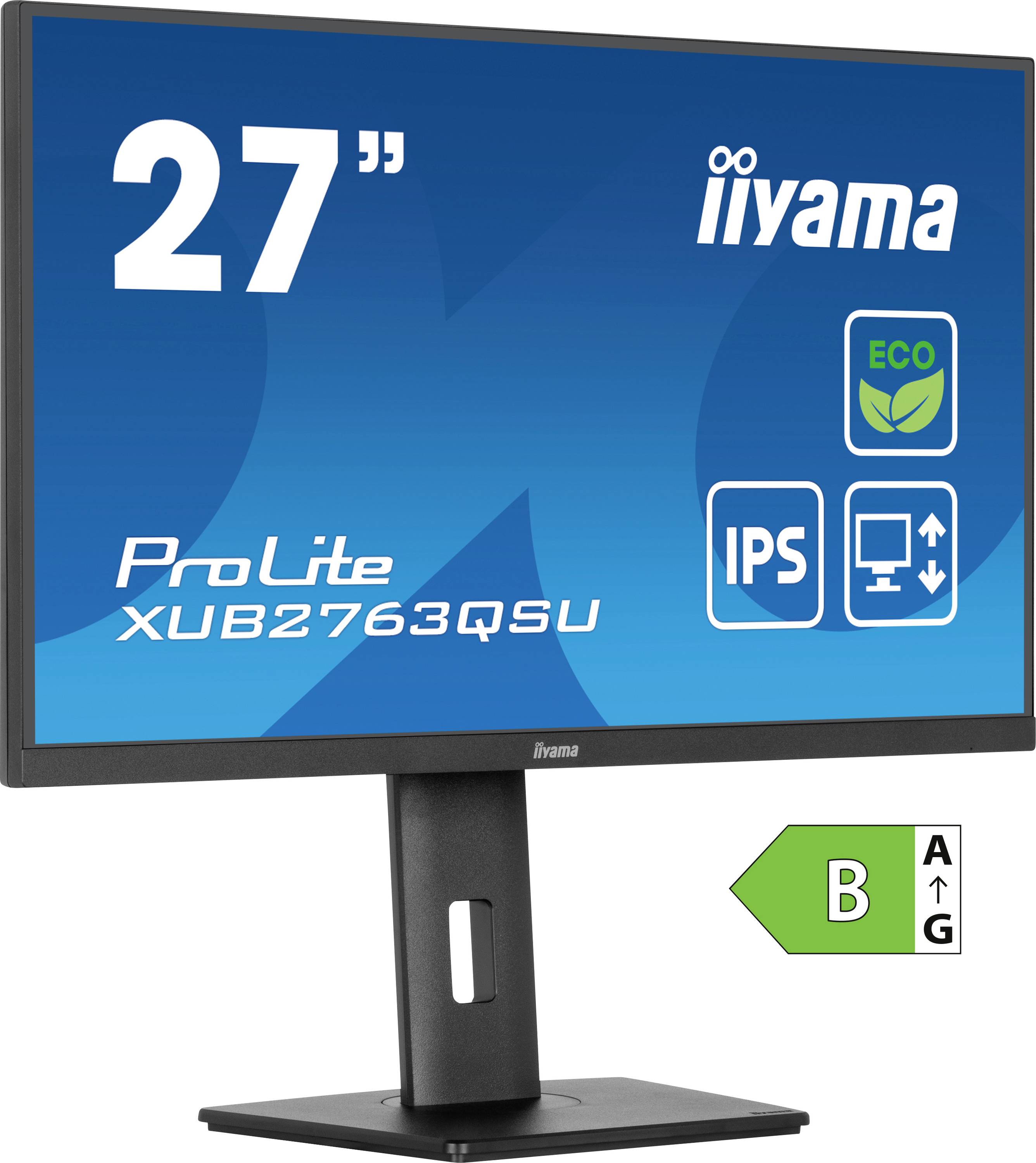 Ein 27-Zoll iiyama Computer-Monitor mit ProLite XUB2763QSU Modelltext, ausgestattet mit umweltfreundlichen und IPS-Display-Symbolen, Energieeffizienzklasse B.