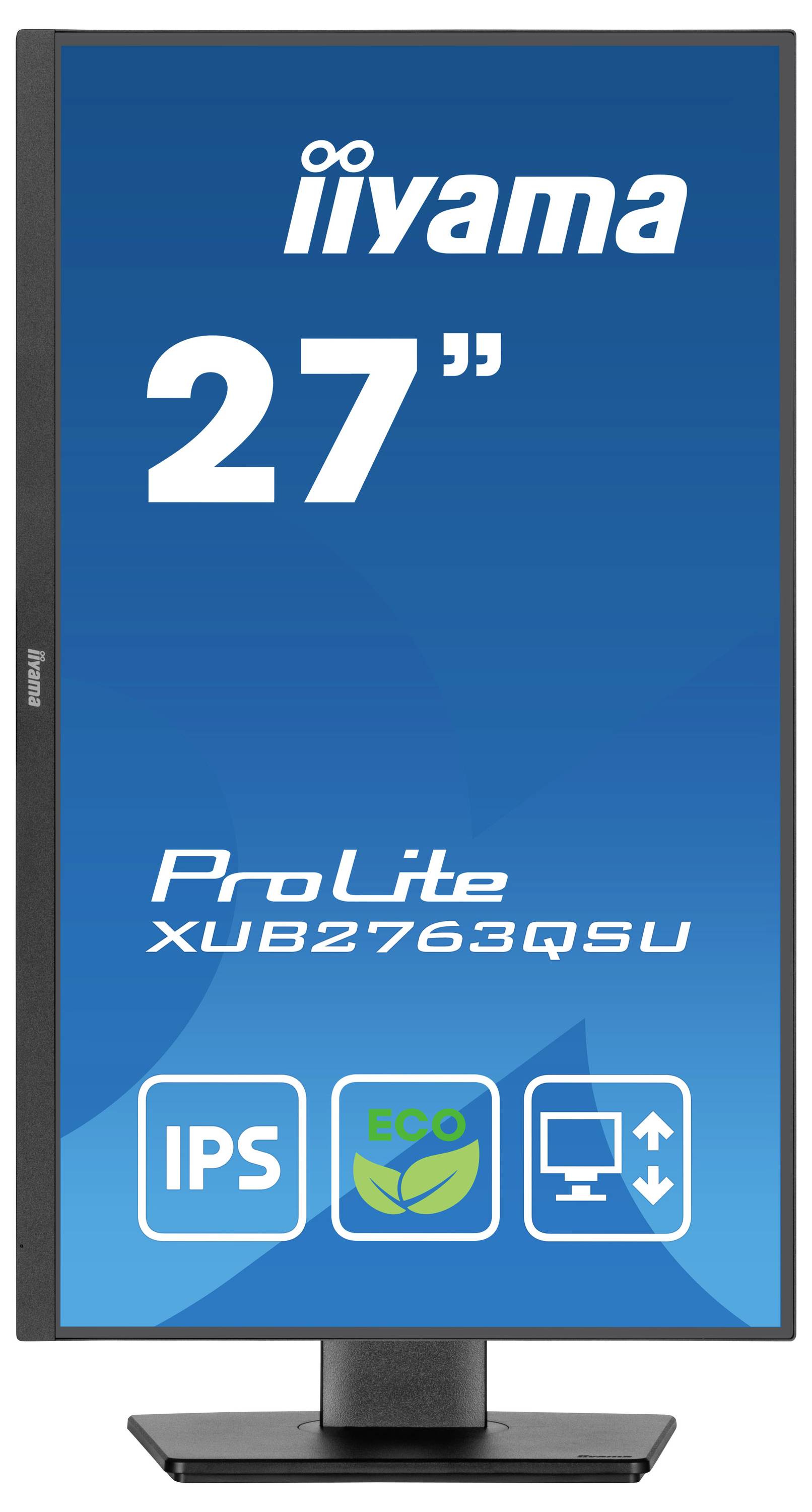 Ein 27-Zoll iiyama ProLite Monitor mit IPS-Technologie, umweltfreundlichem Design und Funktionen für flexible Nutzung. Modell: XUB2763QS.