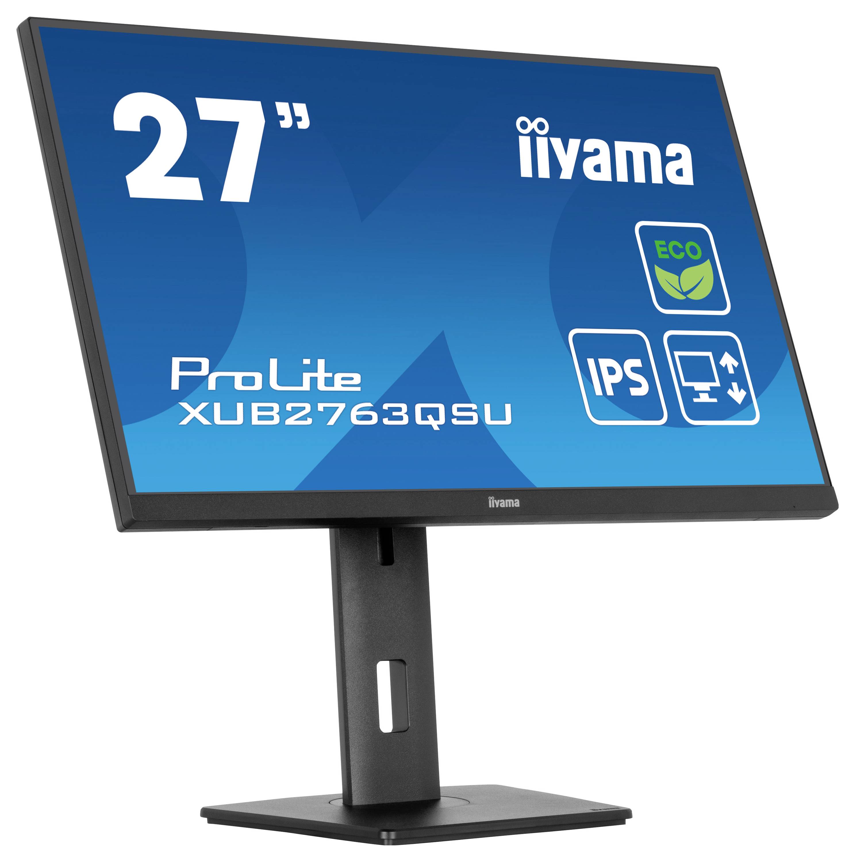 '27" iiyama Monitor ProLite XUB2763QSU mit Funktionen: ECO-Modus, IPS-Panel, ergonomischer Ständer, blauer Bildschirmhintergrund mit Symbolen.'