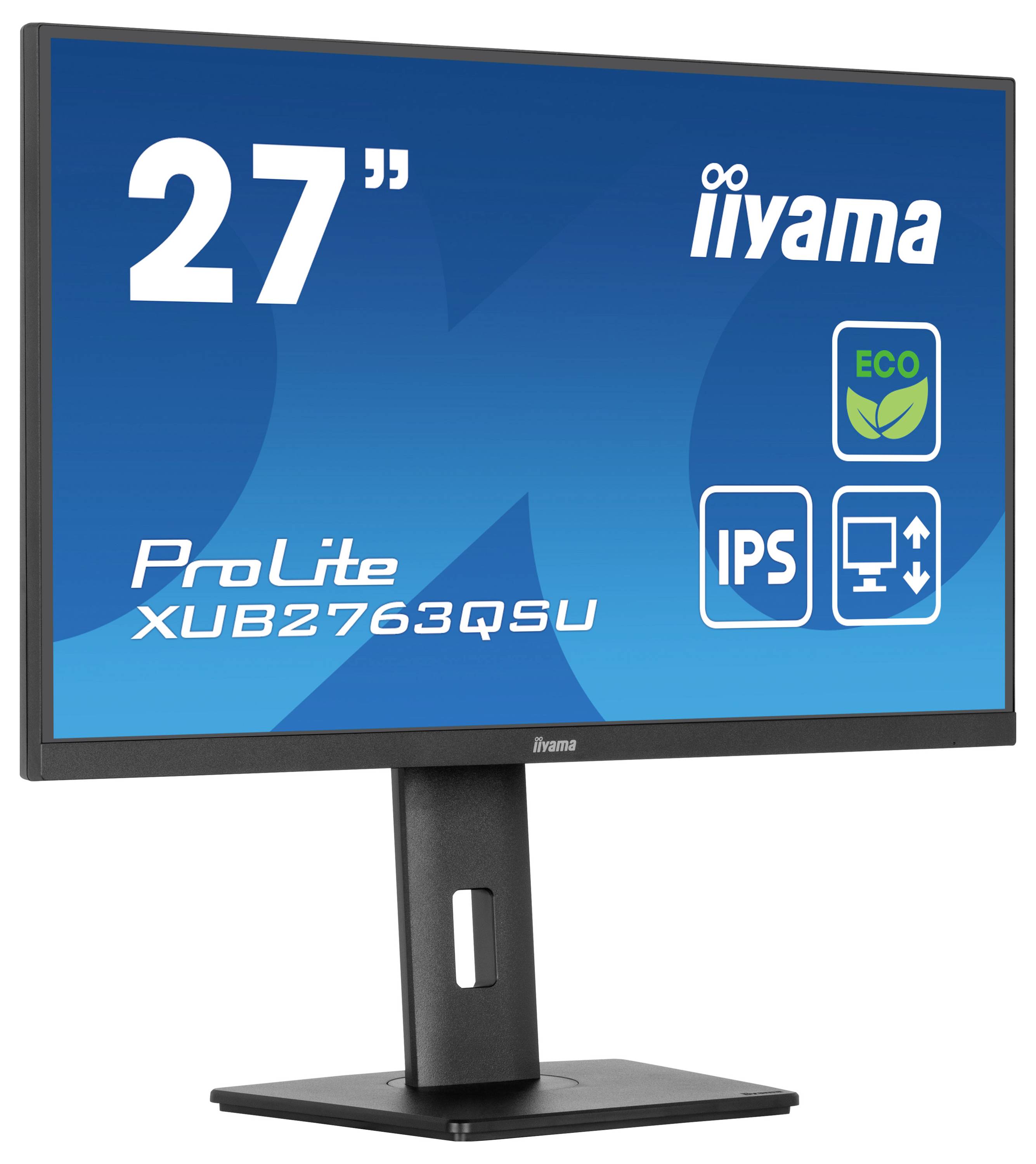 Ein 27-Zoll iiyama ProLite Monitor, Modell XUB2763QSU, mit umweltfreundlichen Funktionen, IPS-Panel und Symbolen für verstellbaren Ständer auf dem Bildschirm.