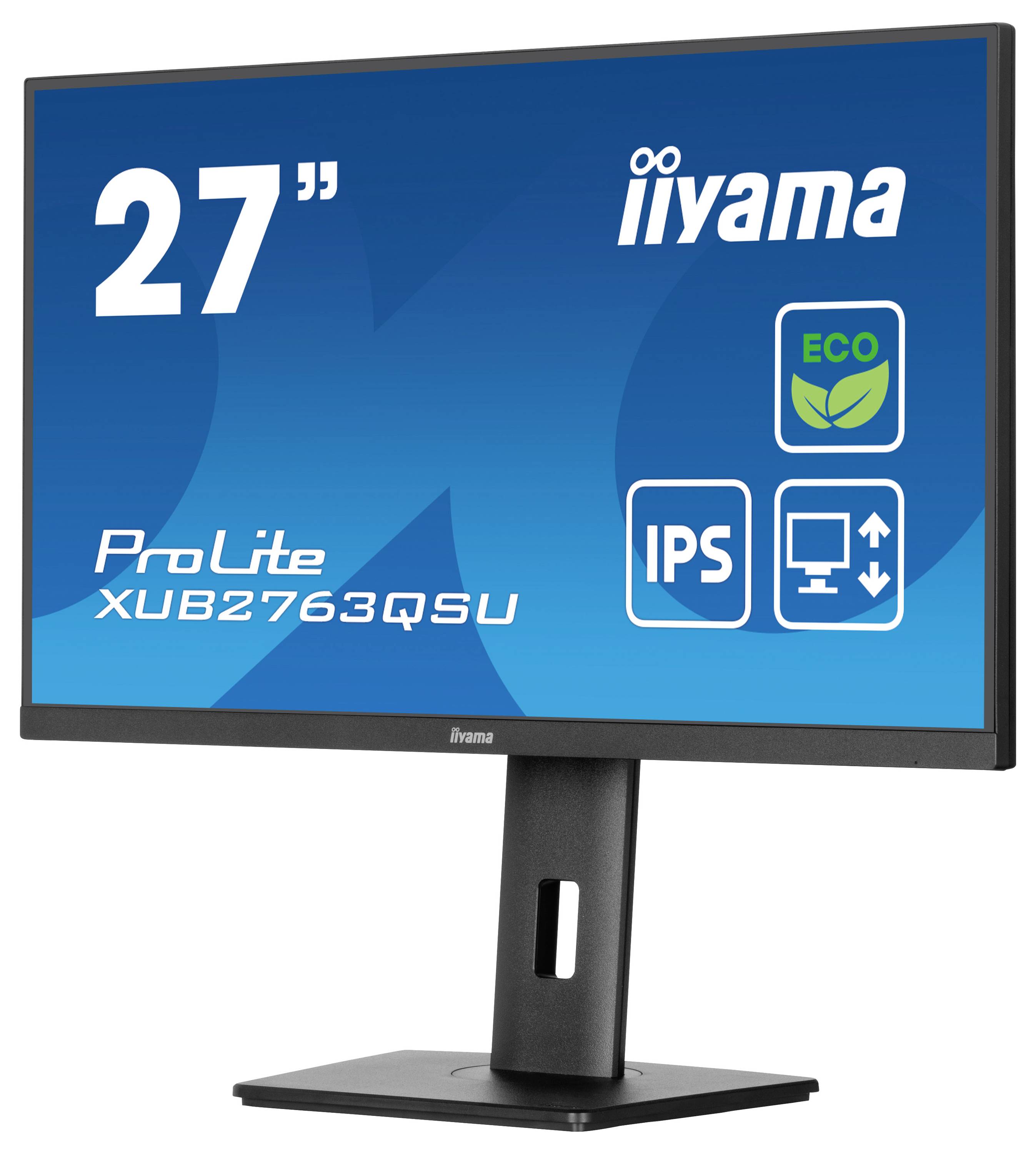Das Bild zeigt einen 27-Zoll iiyama ProLite XUB2763QSU Monitor mit einem verstellbaren Ständer, mit Eco-, IPS- und Pivot-Modus-Symbolen.