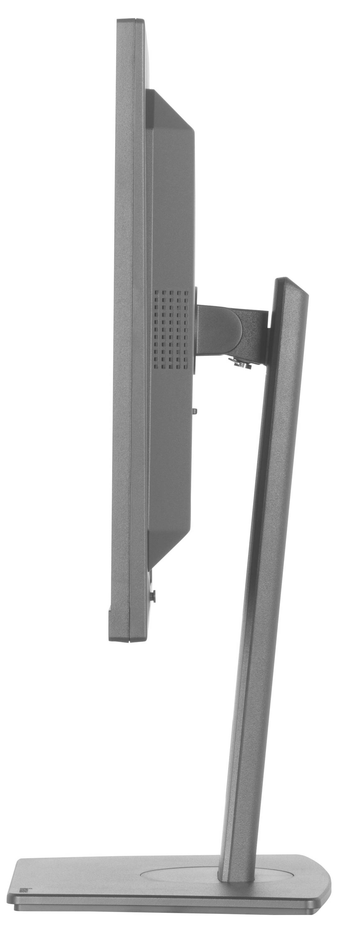 Seitenansicht eines schlanken Computermonitors auf einem Ständer, der sein dünnes Profil und modernes Design präsentiert.