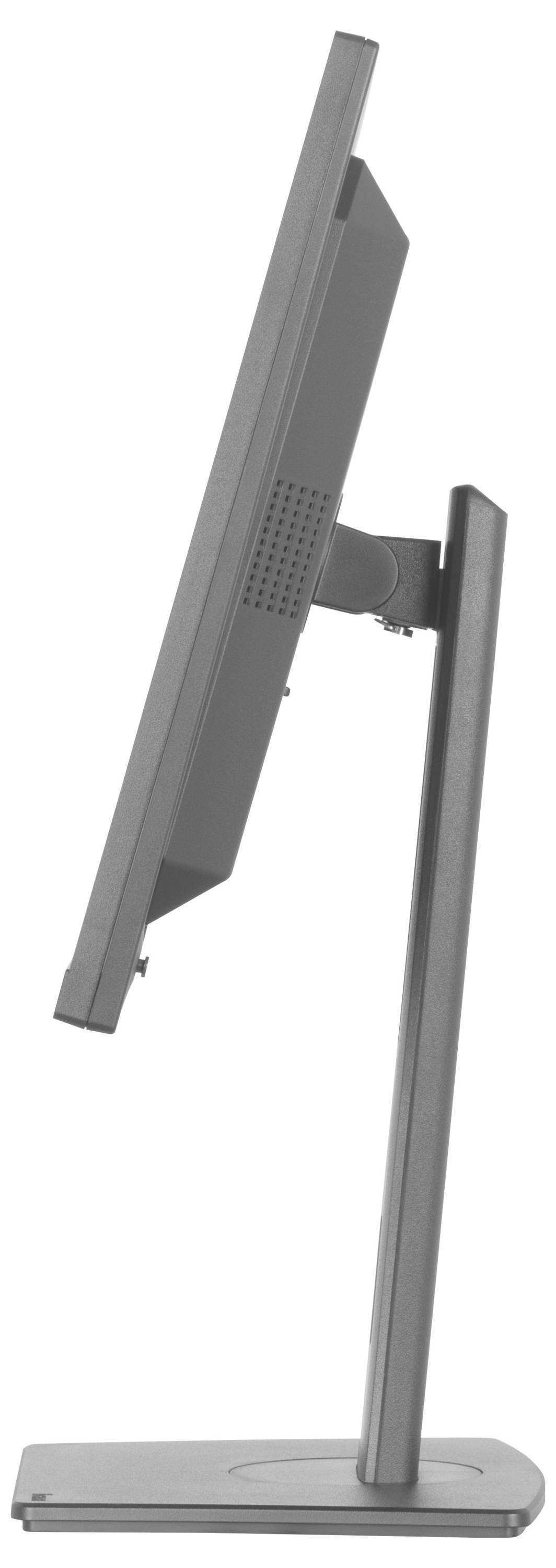 Ein schlanker, moderner Computermonitor, von der Seite betrachtet, der sein schmales Profil und seinen verstellbaren Ständer zeigt.