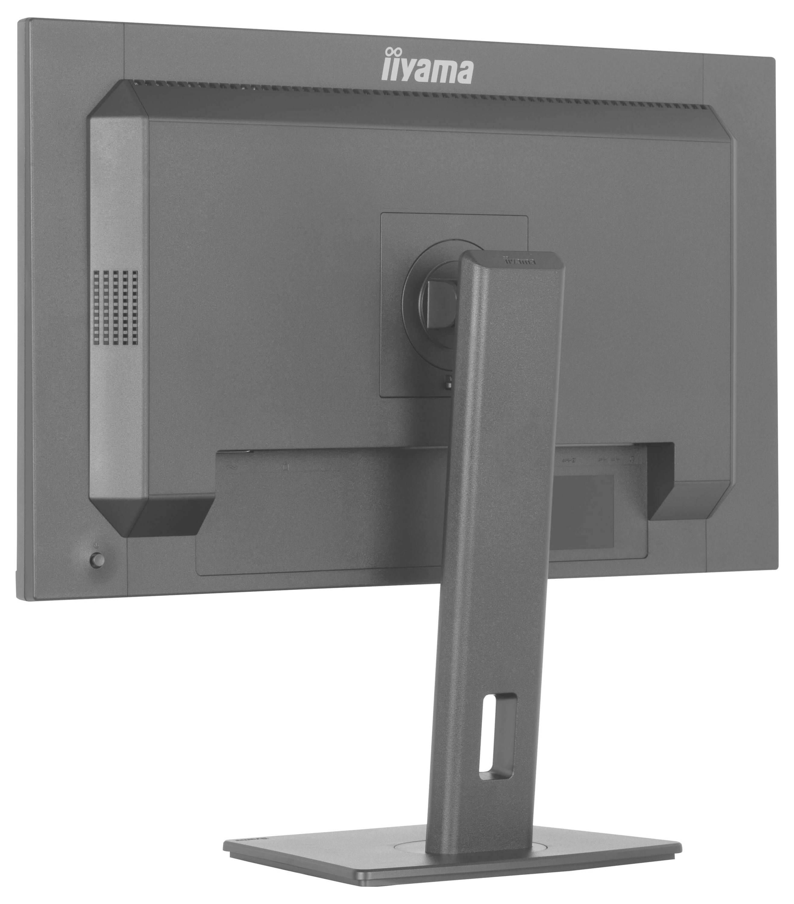 Ein grauer Computermonitor, von hinten betrachtet, der seinen Ständer und die rechteckige Form zeigt.