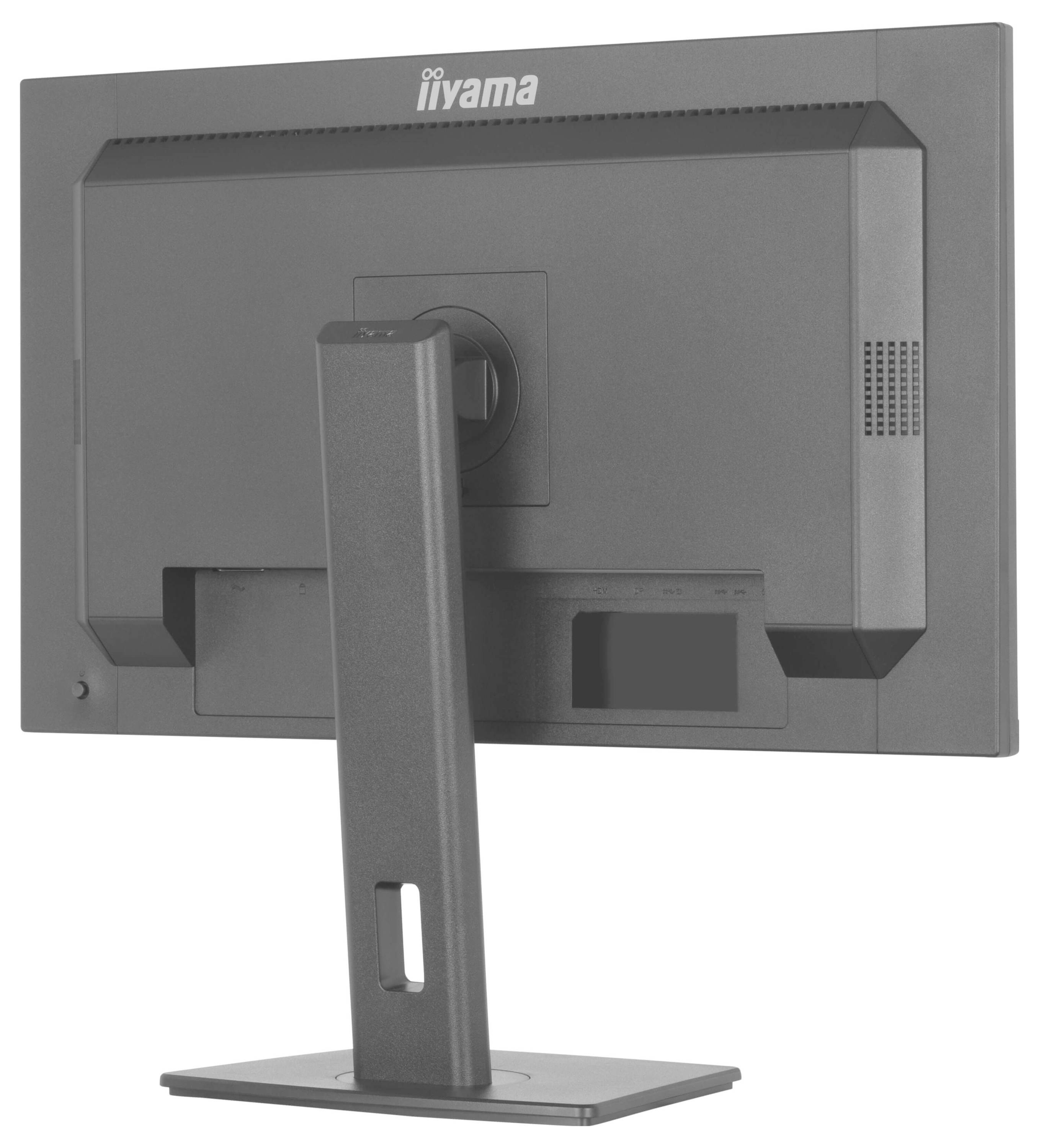 Ein Computermonitor ist abgedreht und zeigt seine Rückseite und seinen Ständer, wobei seine verstellbare Halterung und Belüftungsbereiche hervorgehoben werden.