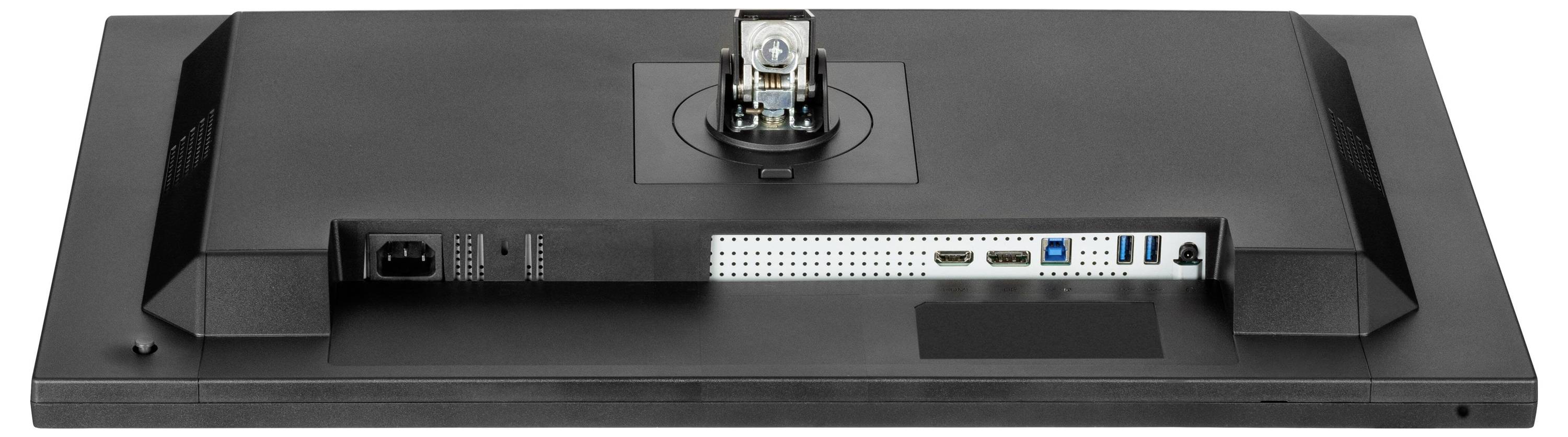 Rückansicht eines schwarzen Computermonitors, der verschiedene Anschlüsse wie Stromanschluss, HDMI und USB zeigt, mit einem montierten Kalibrierungsgerät.