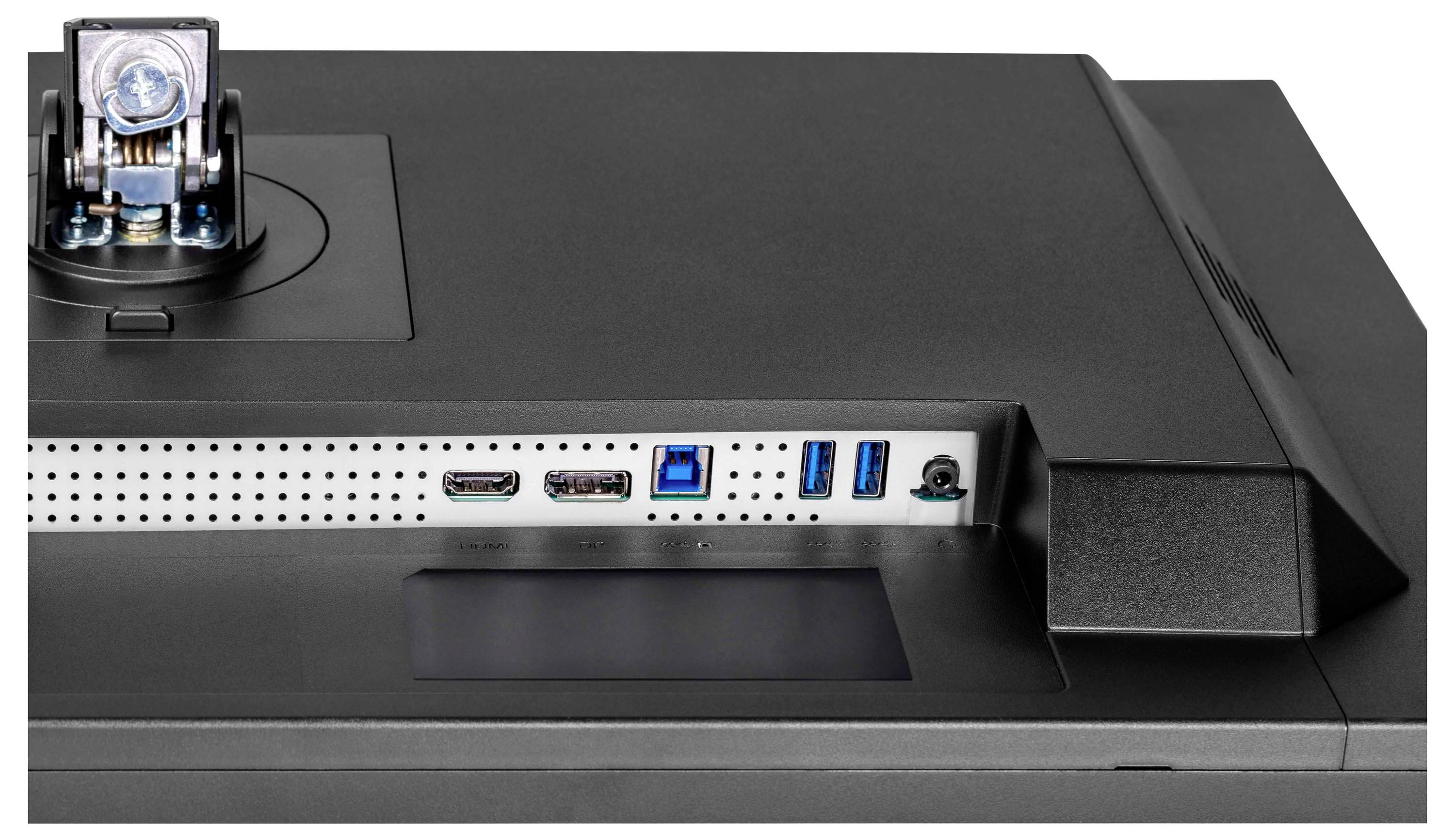 Eine Rückansicht eines Monitors, der verschiedene Anschlüsse wie HDMI, USB 3.0 und Stromeingang zeigt und dabei die Konnektivitätsoptionen hervorhebt.