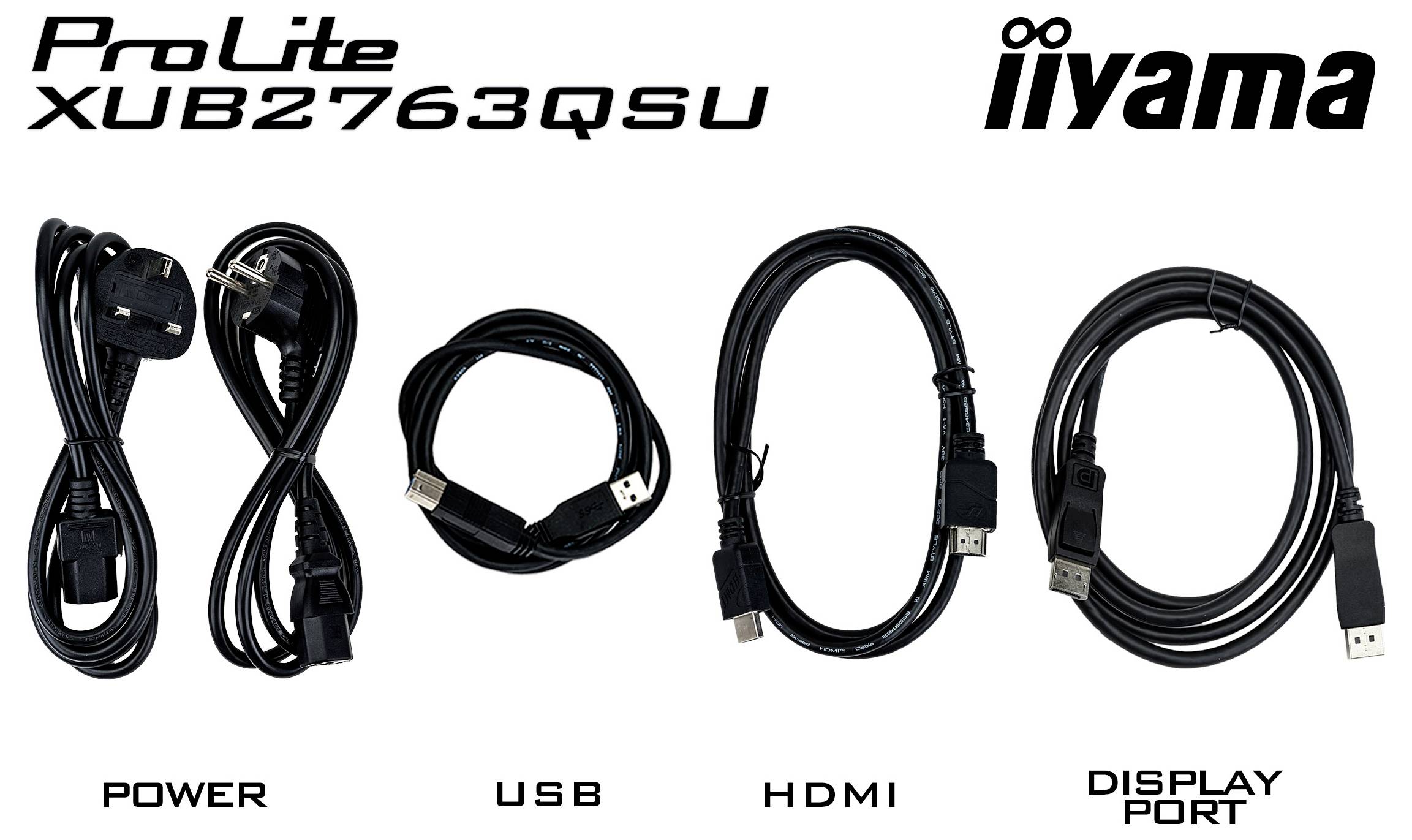 'ProLite XUB2763QSU' Monitor-Kabel: Strom-, USB-, HDMI- und DisplayPort-Kabel dargestellt.