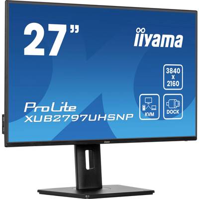 Ein Computermonitor mit der Bezeichnung '27" iiyama ProLite XUB2797UHSNP', ausgestattet mit einer Auflösung von 3840x2160, KVM-Switch und Docking-Funktionen.