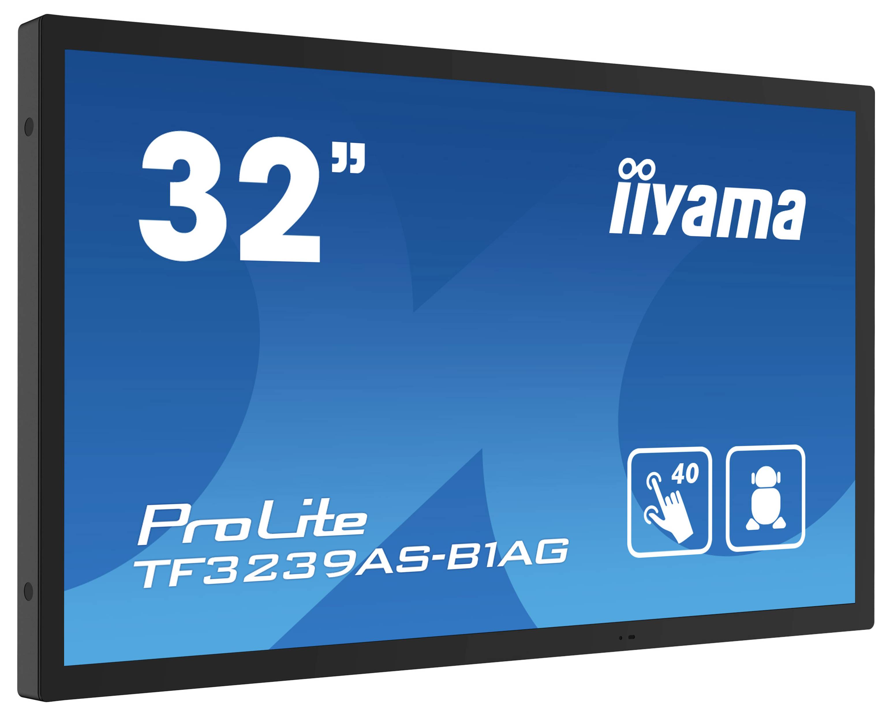 Ein 32-Zoll Iiyama ProLite Monitor, Modell TF3239AS-B1AG, verfügt über Touchscreen-Funktionalität mit einer 40-Punkt-Touch-Technologie und angezeigten Icons.