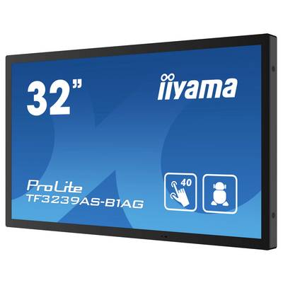 Ein 32-Zoll Iiyama ProLite Monitor mit dem Modell TF3239AS-B1AG, mit einem Touch-Symbol und einem Personensymbol auf einem blauen Hintergrund.