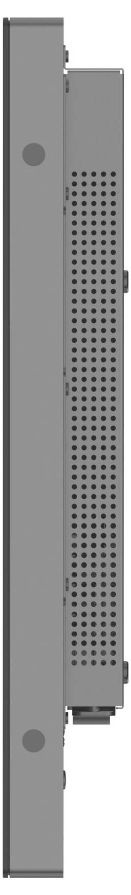 Seitenansicht eines rechteckigen elektronischen Geräts mit einer perforierten Belüftungsblende.