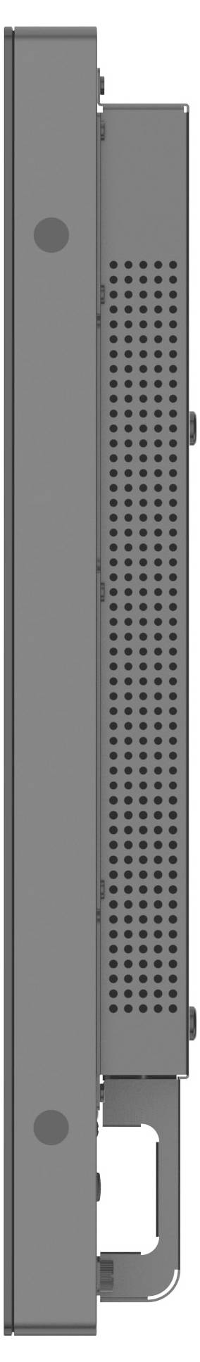 Seitenansicht eines flachen, rechteckigen elektronischen Geräts mit einem perforierten Bereich für die Belüftung. Ein Griff ist am unteren Ende sichtbar.