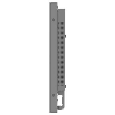 Seitenansicht eines flachen, rechteckigen elektronischen Geräts mit einem perforierten Bereich für die Belüftung. Ein Griff ist am unteren Ende sichtbar.