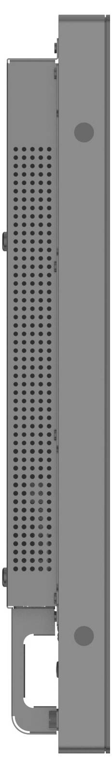 Seitenansicht eines schmalen, vertikalen elektronischen Geräts mit einem belüfteten Panel und einem hervorstehenden Griff an der Basis.