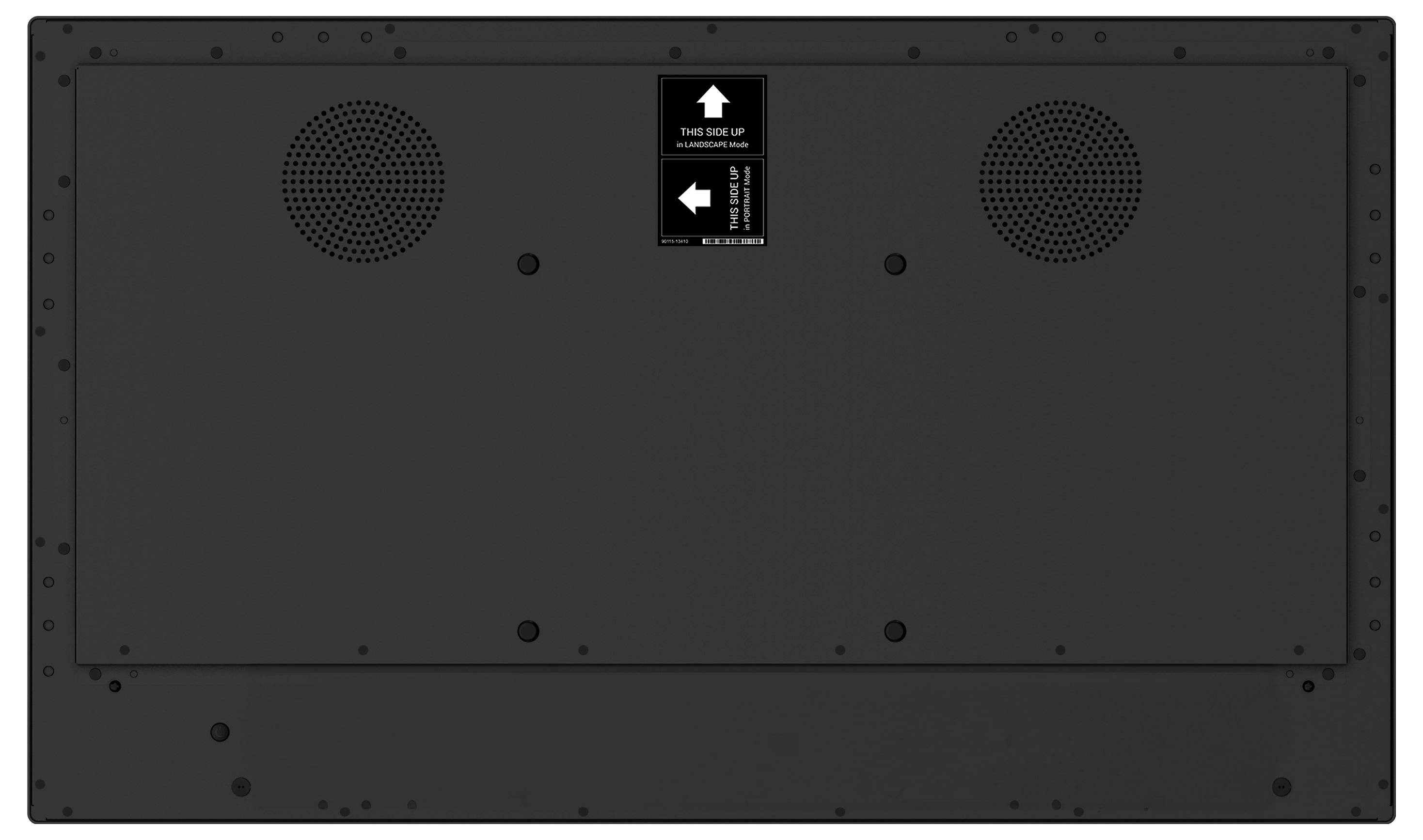 Rückansicht eines großen schwarzen Anzeigeboards mit einer Beschriftung, die "DIESE SEITE NACH OBEN" liest. Zwei Lautsprecheröffnungen sind in der Nähe des oberen Randes sichtbar.