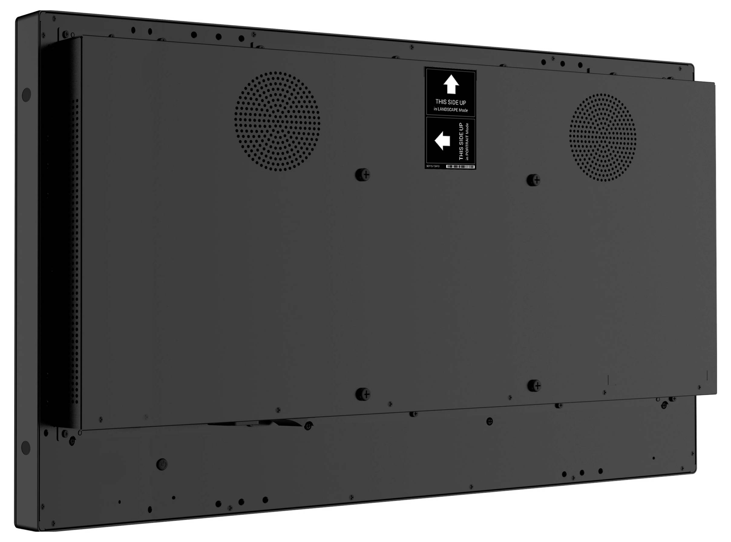 Das Bild zeigt die Rückseite eines Flachbildschirm-Monitors mit Lüftungslöchern und einem Pfeil, der die Oberseite anzeigt.