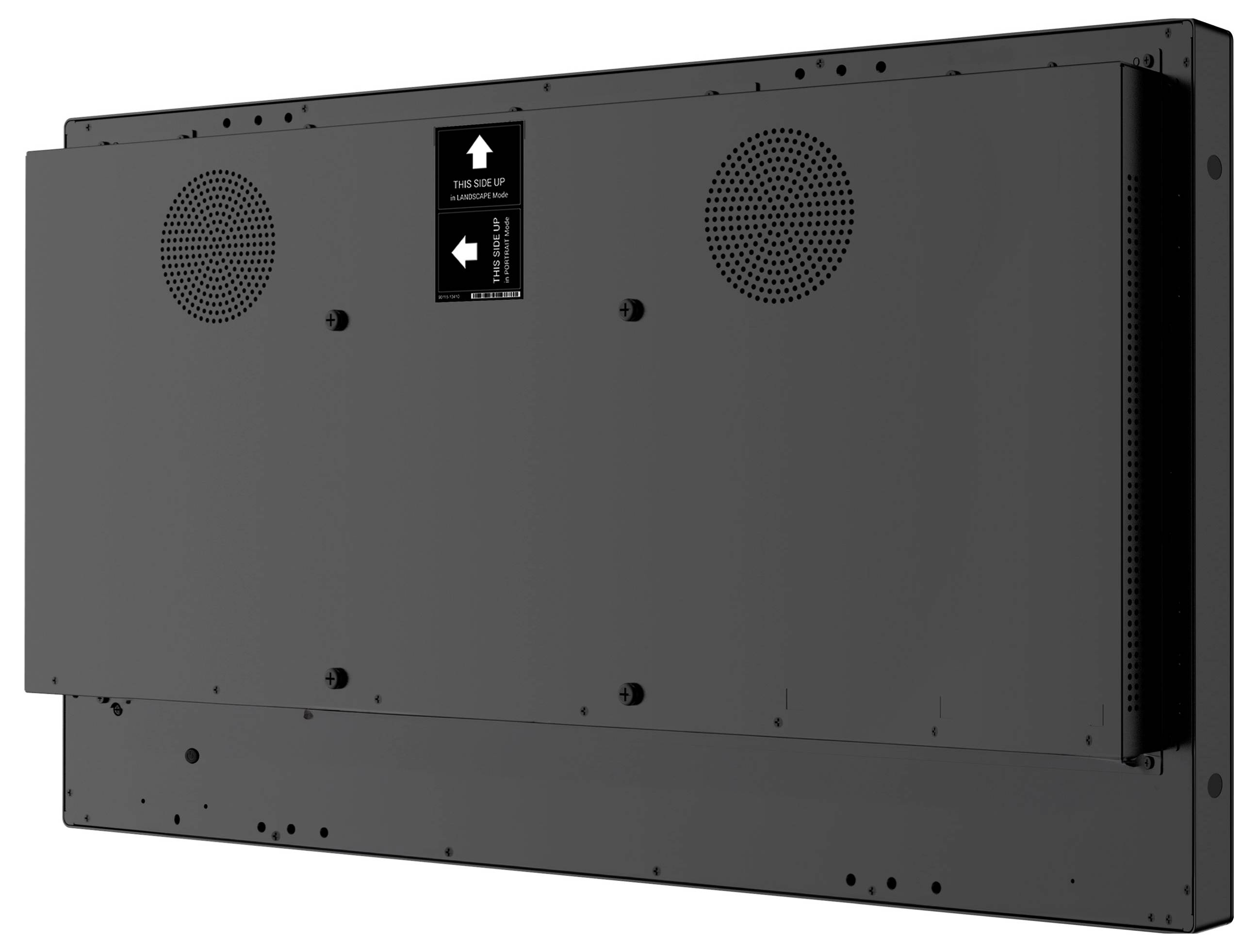 Die Rückansicht einer großen Flachplatte mit Befestigungslöchern und Lüftungsventilatoren, mit der Beschriftung "Diese Seite nach oben" und Richtungspfeilen.