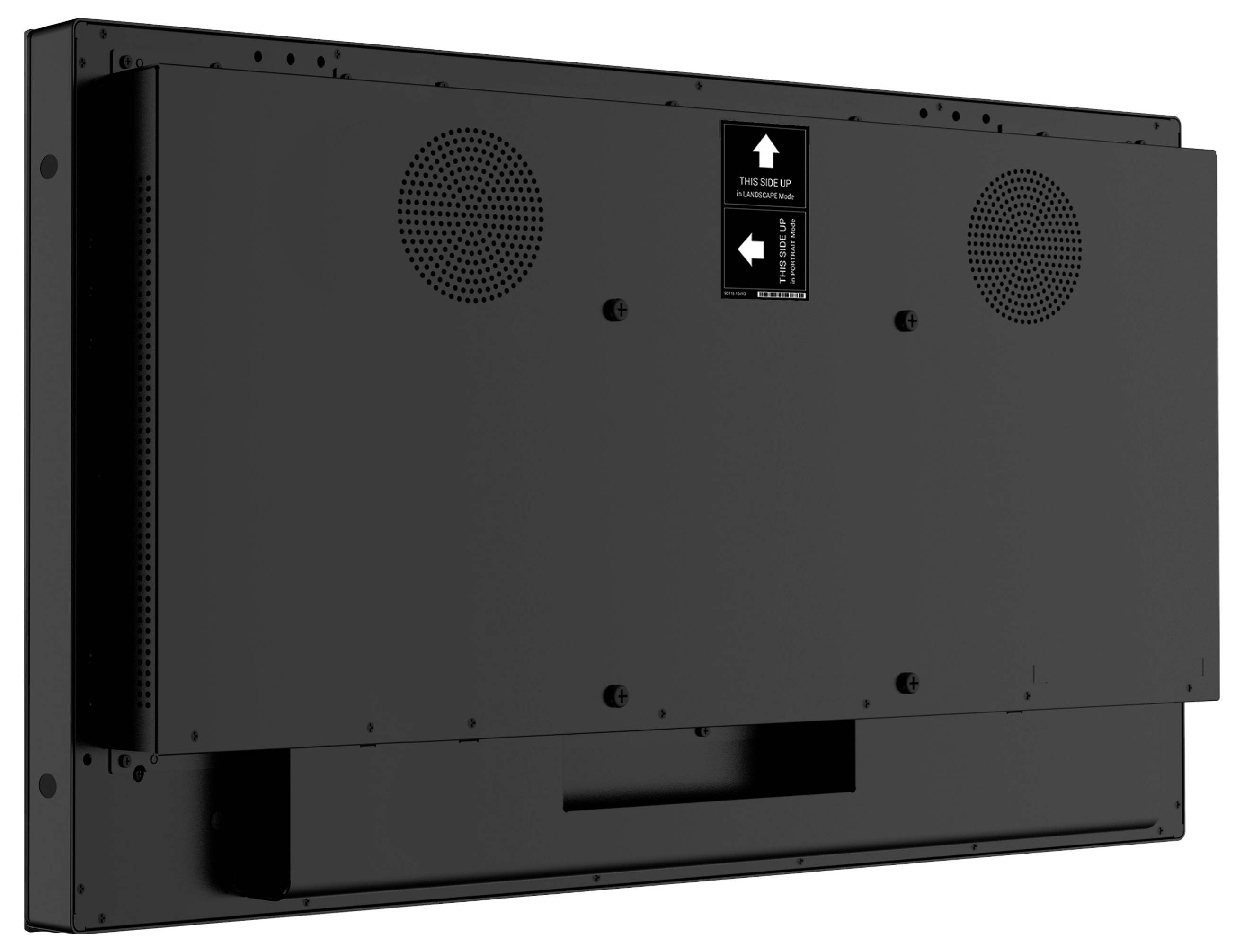 Rückansicht eines Flachbildschirms mit sichtbaren Befestigungslöchern und einem Etikett mit der Aufschrift "Diese Seite nach oben" zur korrekten Einbauorientierung.
