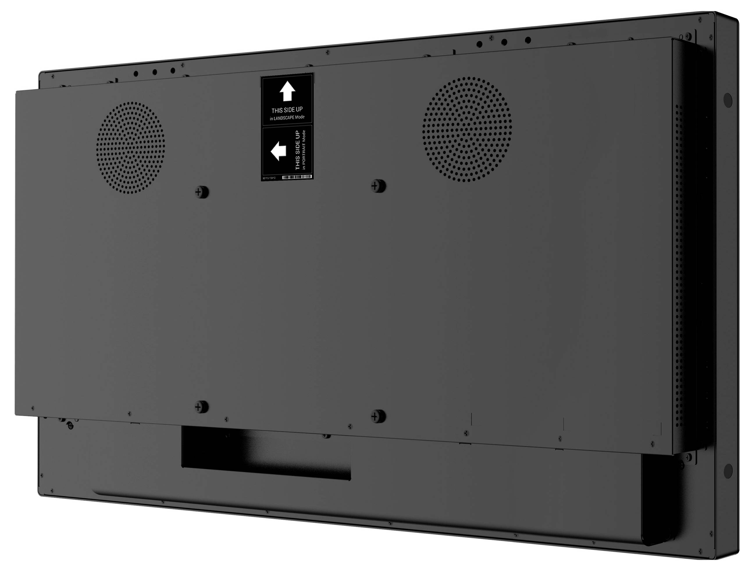 Die Rückseite eines großen schwarzen elektronischen Geräts mit Lüftungslöchern und einer Beschriftung mit der Aufschrift „Diese Seite nach oben" mit Pfeilen, die nach oben zeigen.