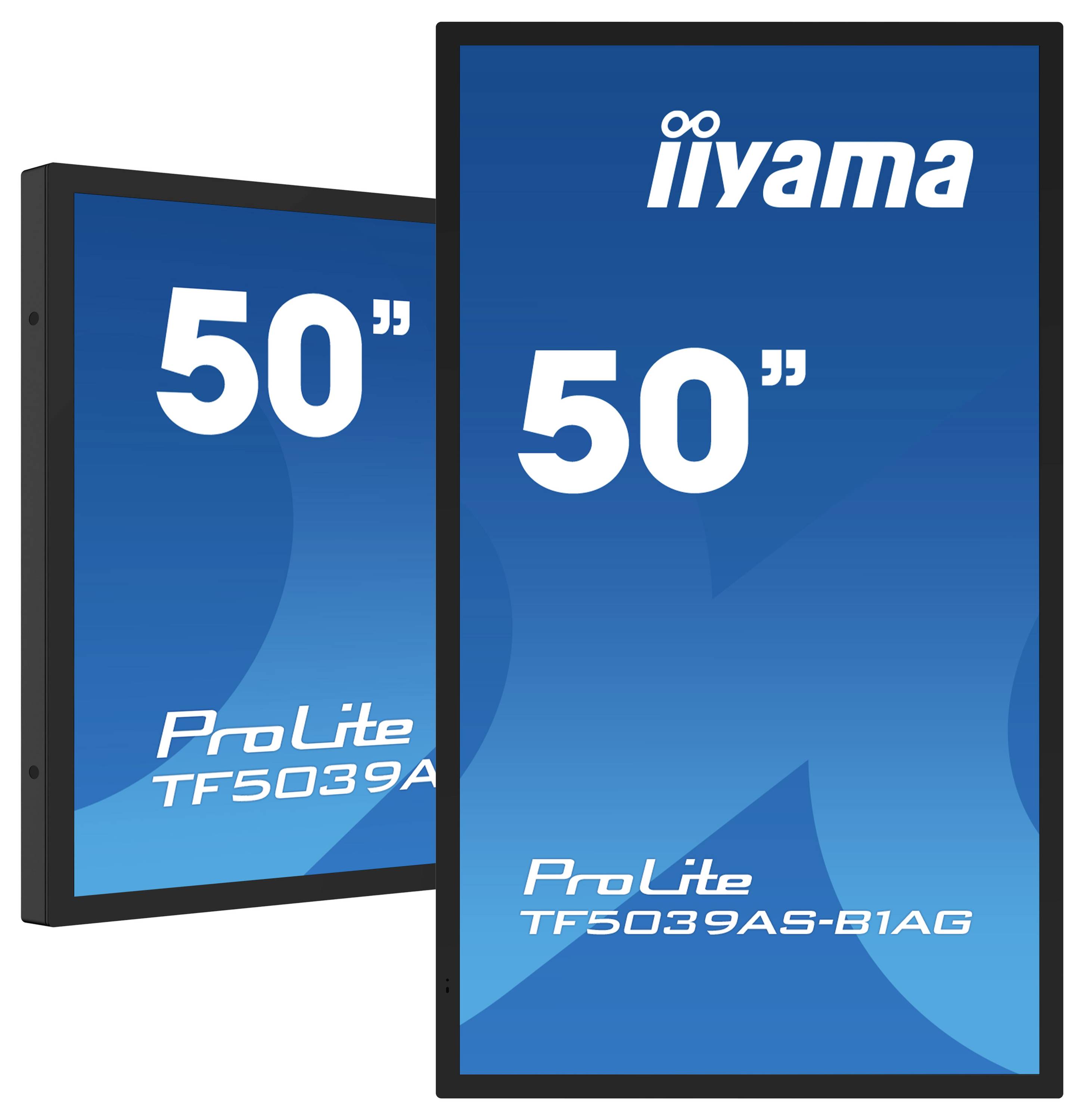 Zwei rechteckige 50-Zoll-Monitore des Modells 'iiyama ProLite TF5039AS-B1AG' nebeneinander mit blauen Bildschirmen, die Modelldetails anzeigen.