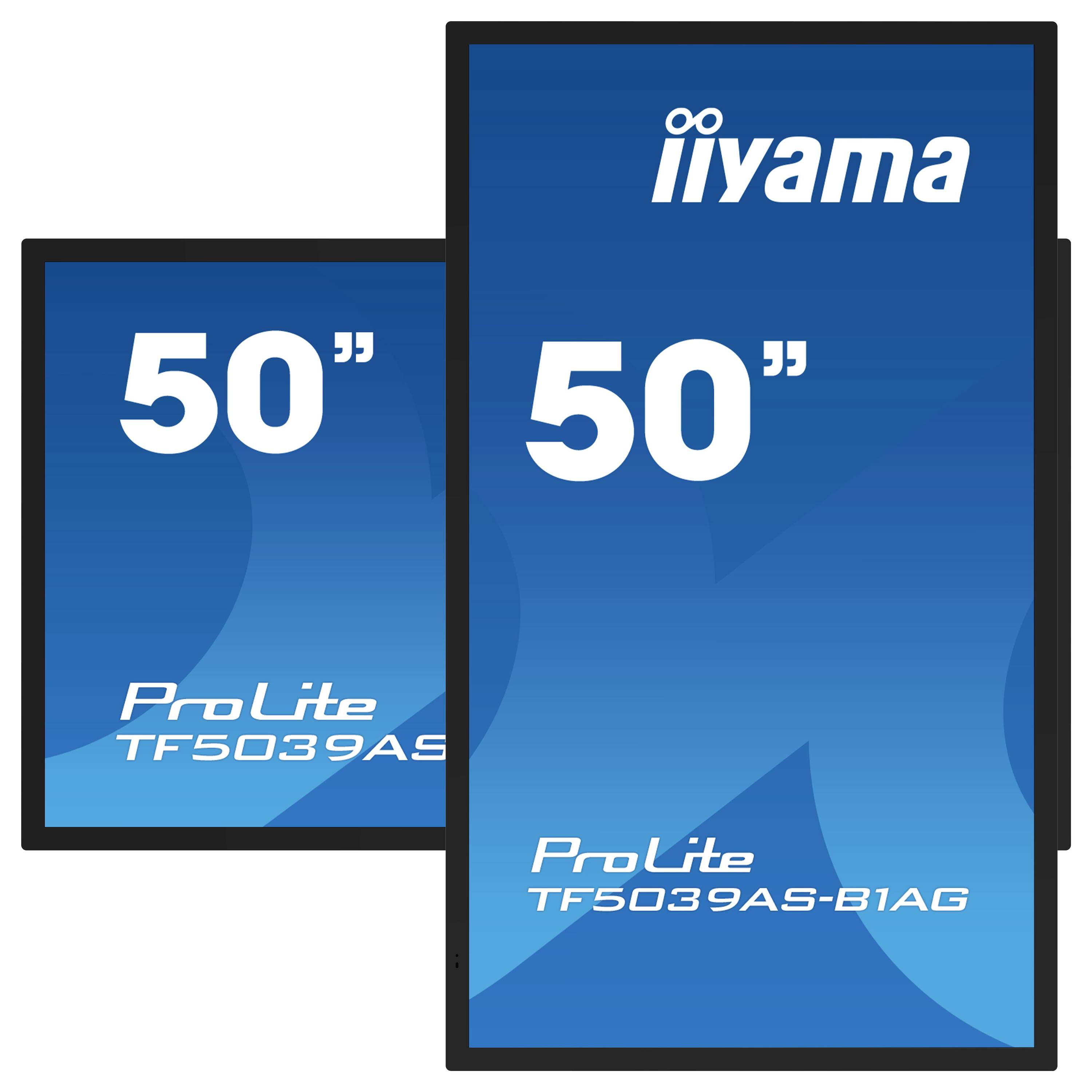 50-Zoll iiyama ProLite TF5039AS-B1AG Monitore, die zwei blaue Bildschirme mit Produktnamen und Größen in weißer Schrift zeigen.