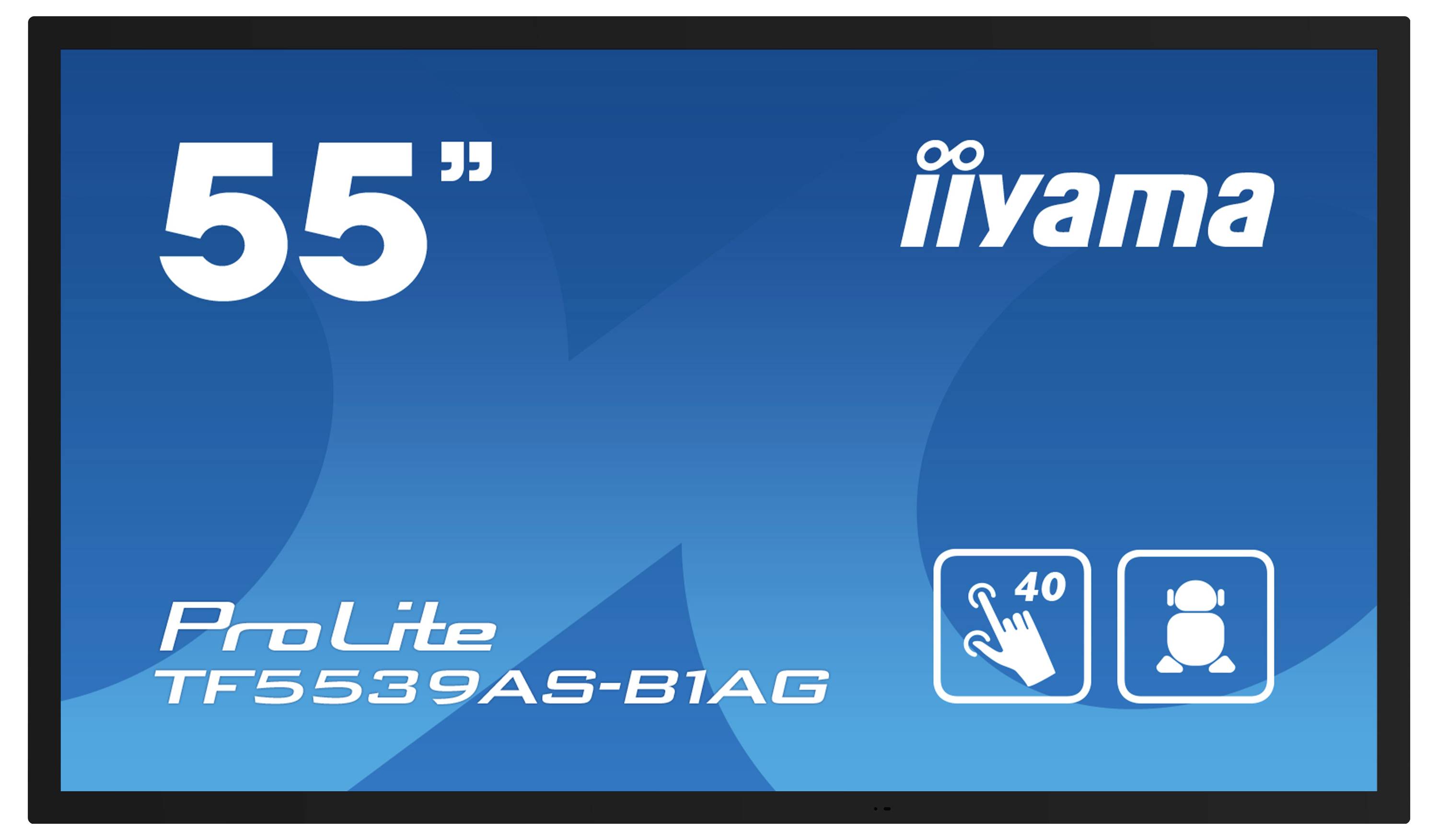 Iiyama ProLite 55" Interaktiv-Display, Modell TF5539AS-B1AG, mit 40-Punkt-Touchfunktion, auf blauem Hintergrund dargestellt.