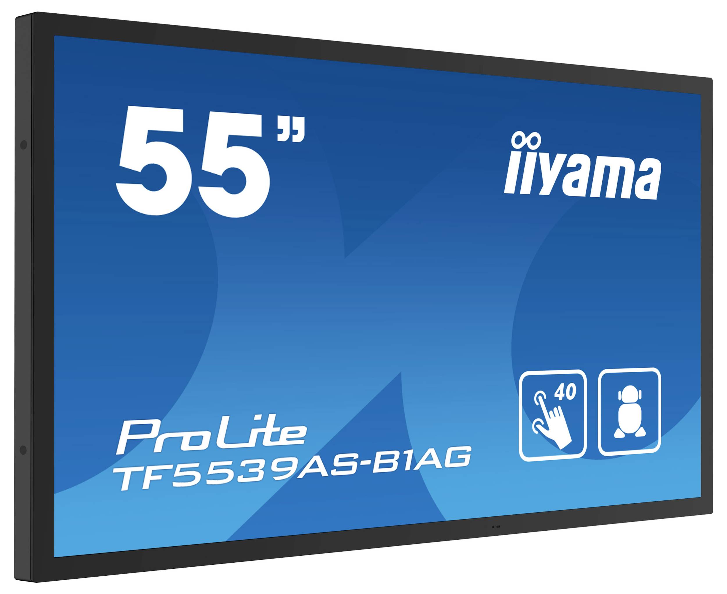 55" iiyama ProLite TF5539AS-B1AG Touchscreen-Display, unterstützt 40 Touchpunkte. Blauer Hintergrund mit Symbolen für Touch und Kamera.
