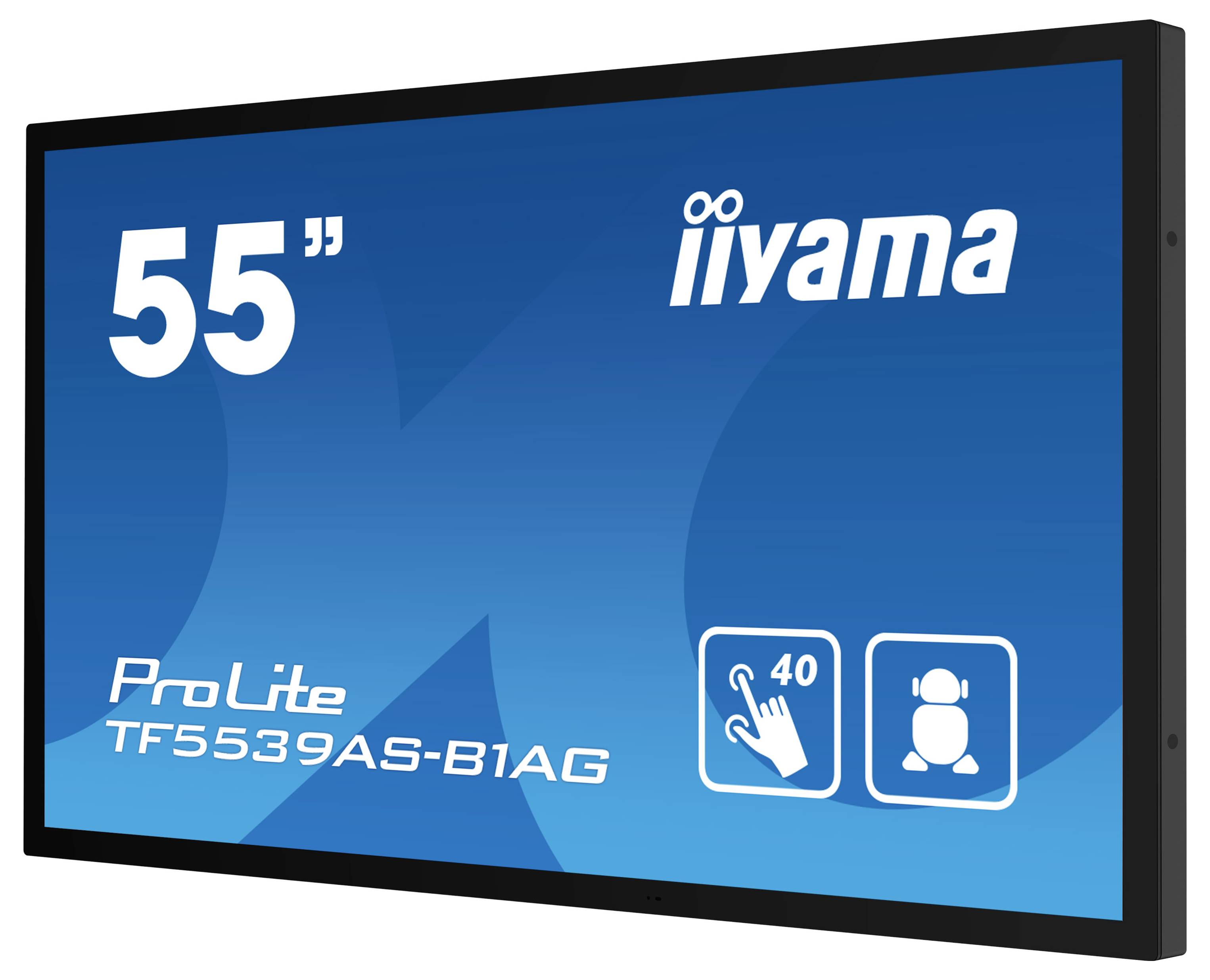 'Iiyama 55" ProLite TF5539AS-B1AG' Touchscreen-Display mit einem Symbol, das 40 Berührungspunkte und eine Entspiegelungsfunktion anzeigt.