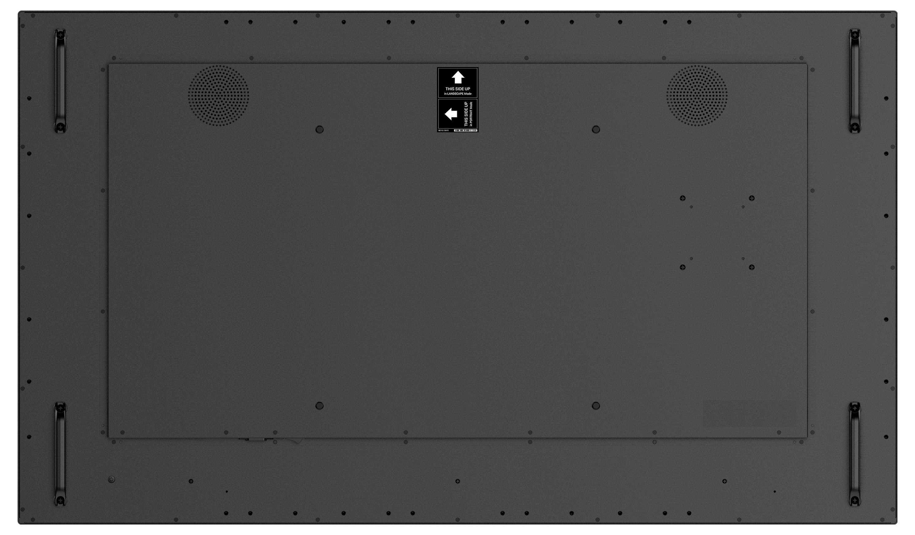 Rückansicht eines großen schwarzen Displaypanels mit Befestigungshalterungen und Lüftungsschlitzen, mit der Beschriftung „Diese Seite oben".