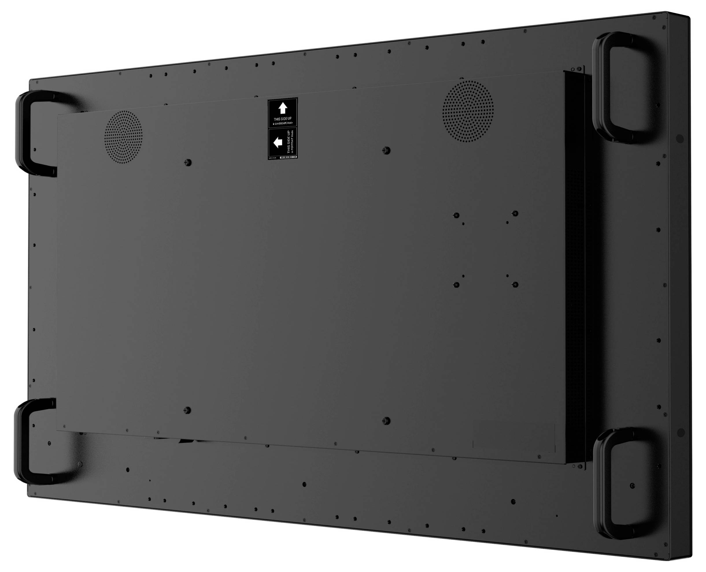 Das Bild zeigt die Rückansicht eines großen, flachen Bildschirms mit vier robusten schwarzen Griffen, die an jeder Ecke befestigt sind.