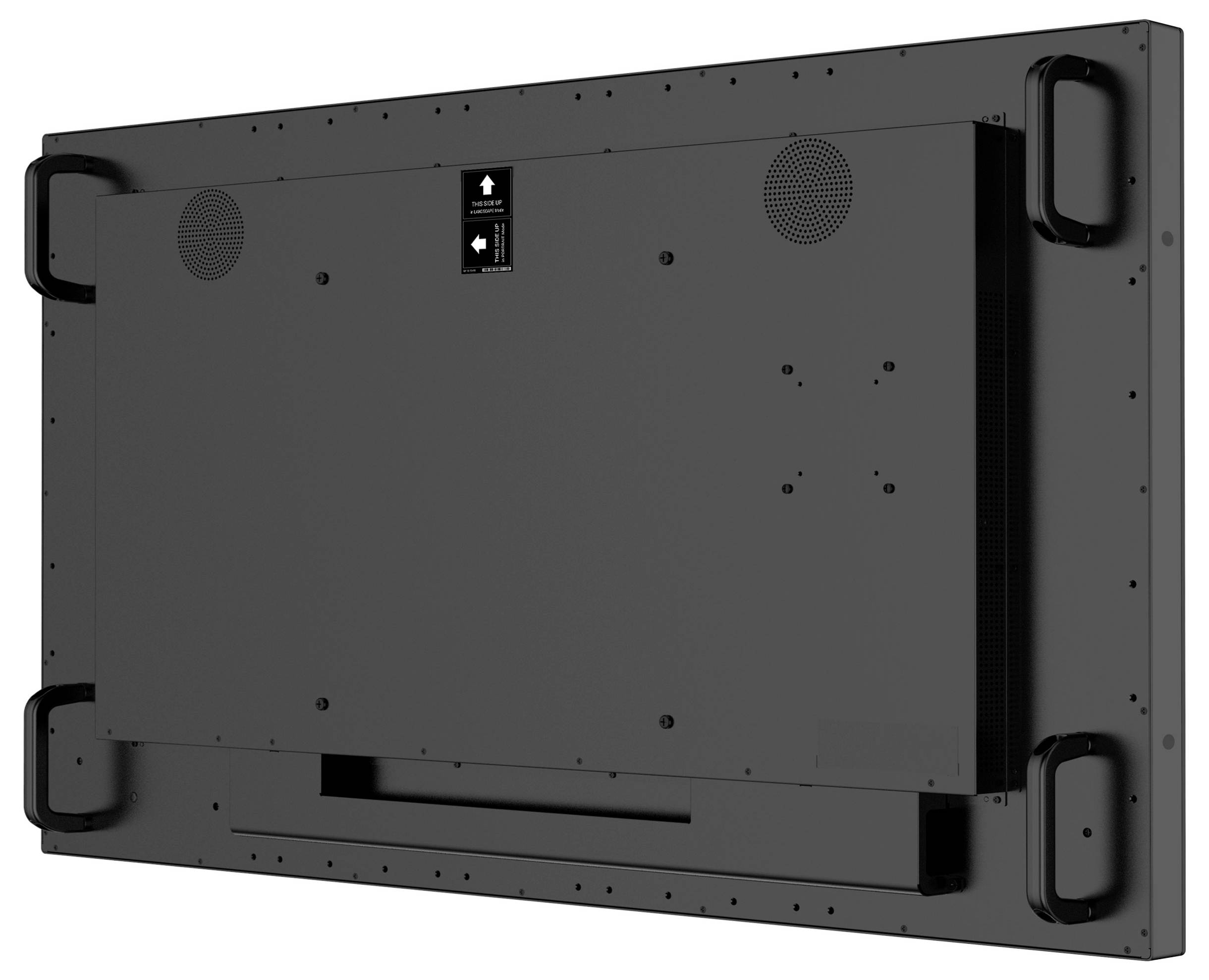 Das Bild zeigt die Rückseite eines großen, rechteckigen elektronischen Geräts mit Griffen an jeder Ecke, Belüftungslöchern und einer zentralen Gehäuseeinheit.