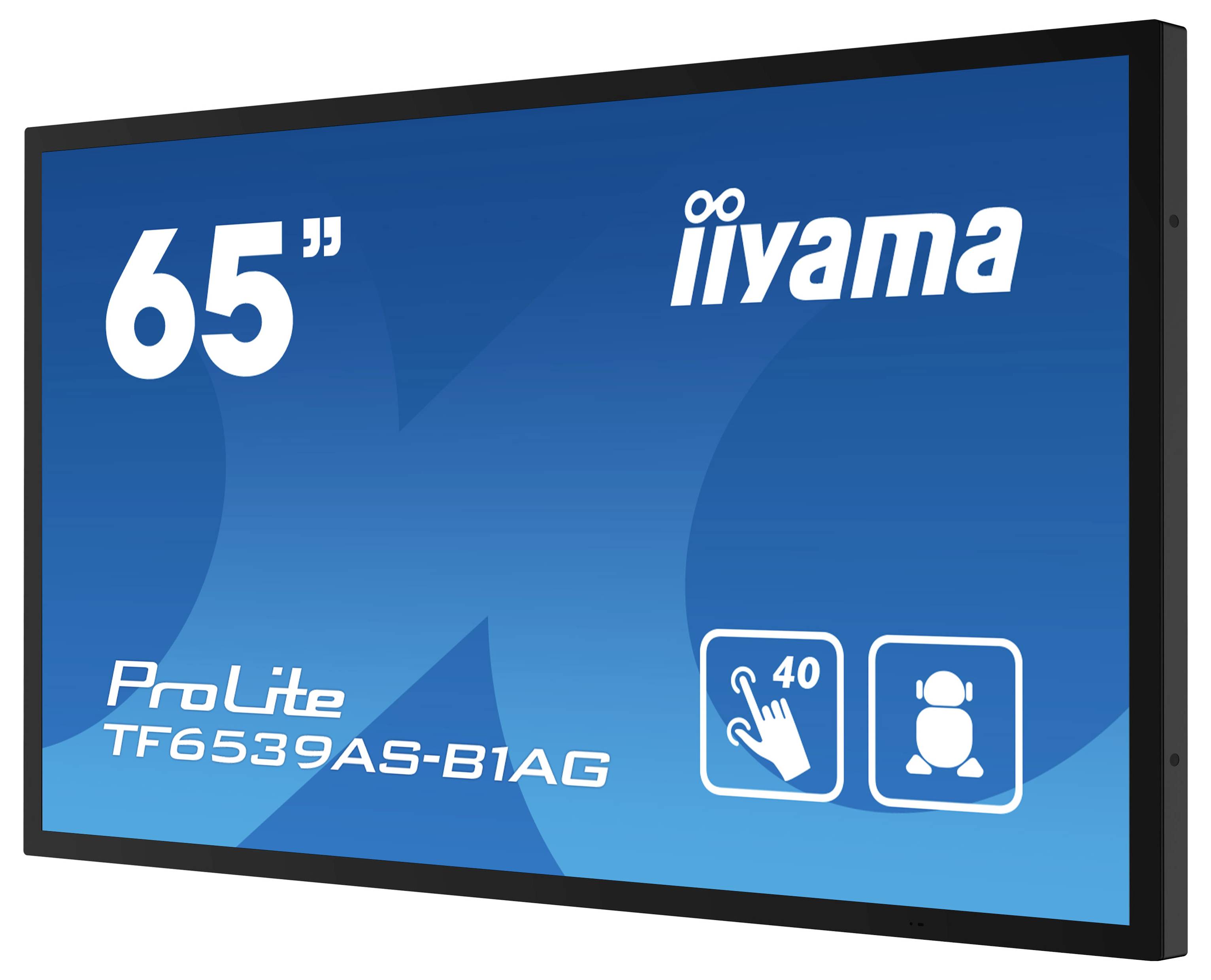 'ProLite TF6539AS-B1AG' 65-Zoll-Display von iiyama, verfügt über Multi-Touch-Funktionalität für bis zu 40 Benutzer, entwickelt für interaktive Anwendungen.