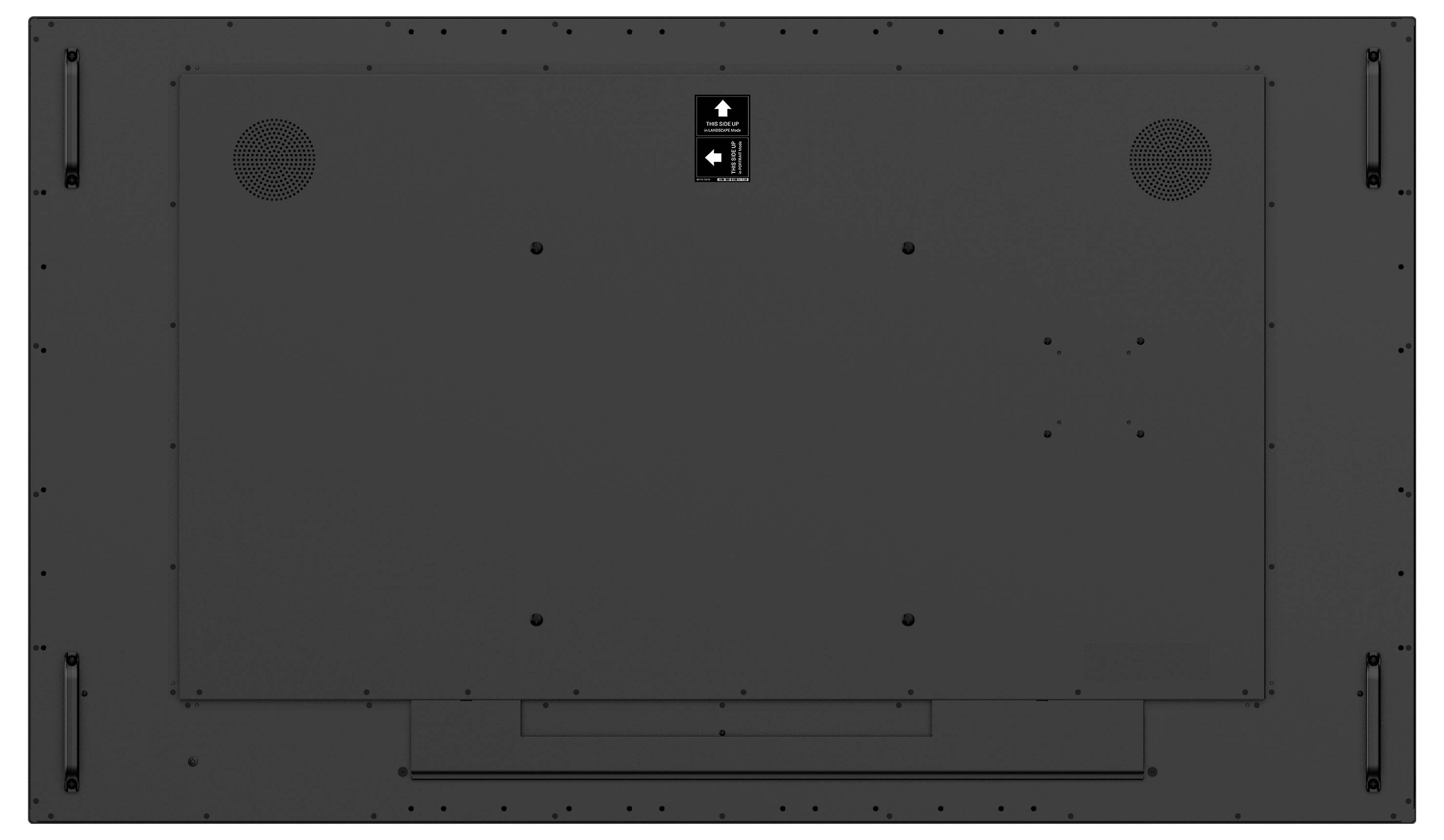 Rückansicht eines großen Flachbildfernsehers, die die Befestigungslöcher, Lautsprechergitter und Anschlüsse für Kabel zeigt. Keine sichtbare Markierung.