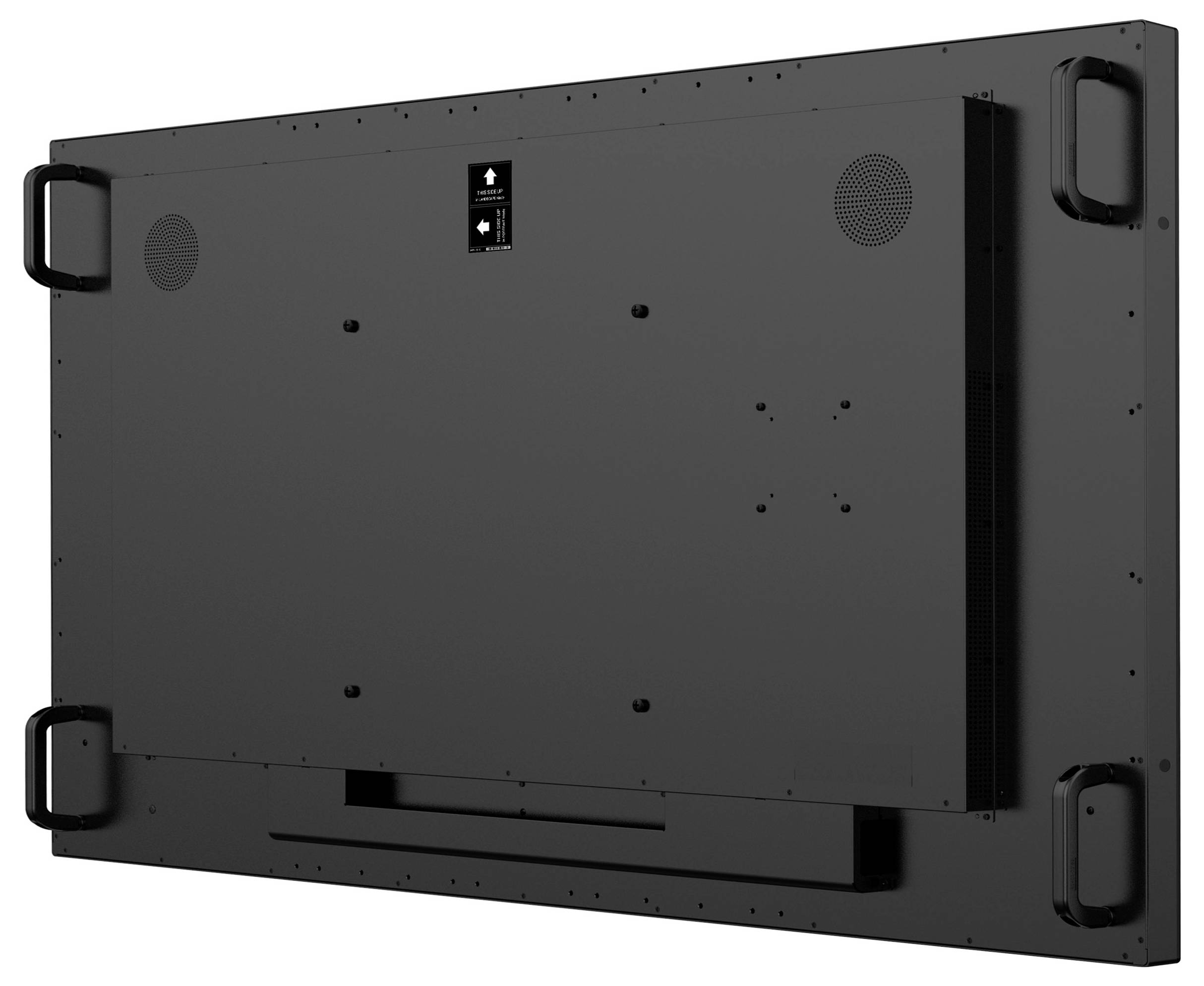 Großes, flaches, schwarzes rechteckiges elektronisches Gerät, von hinten betrachtet, mit Befestigungslöchern und Belüftungsbereichen; höchstwahrscheinlich ein Fernseher oder Monitor.
