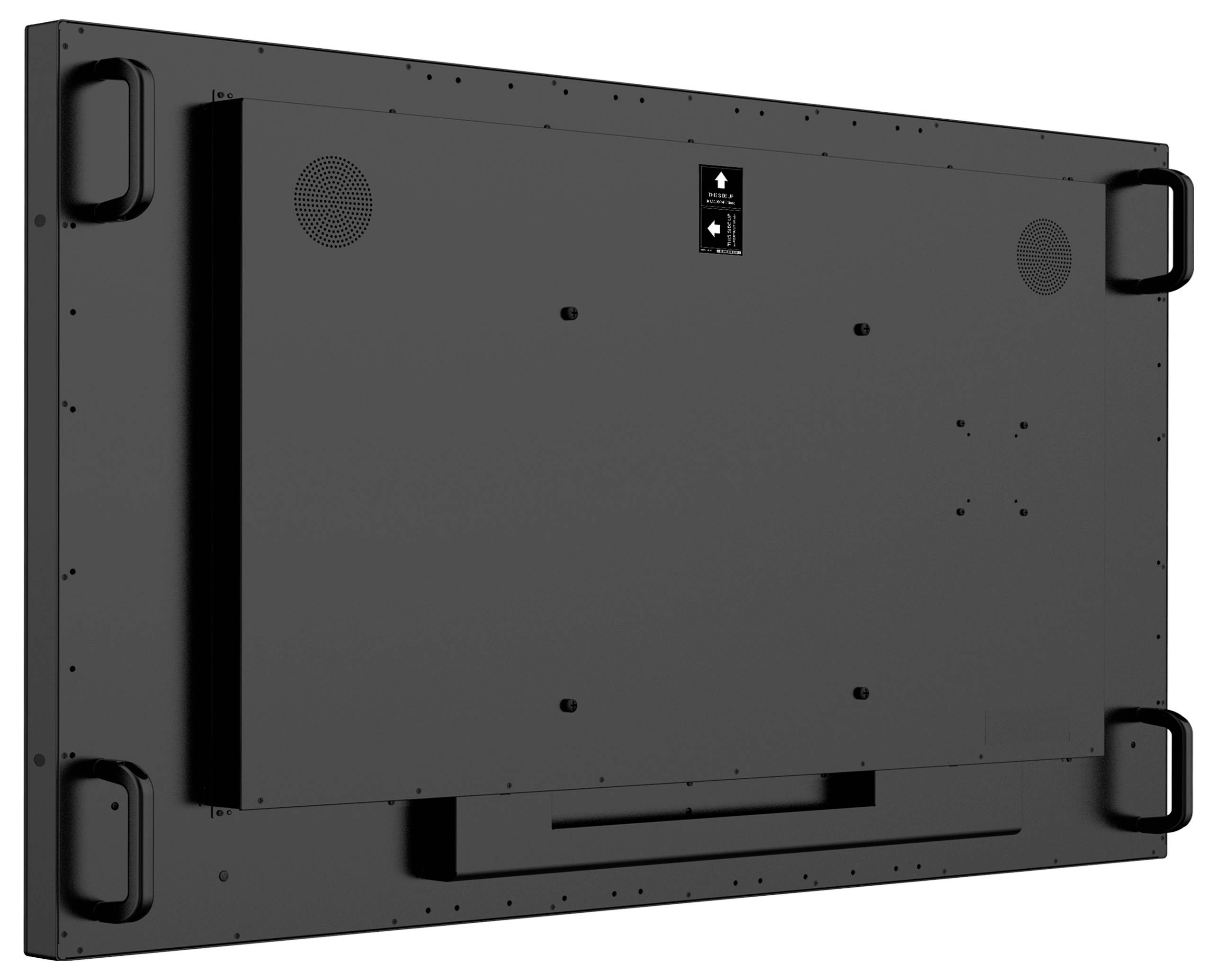 Das Bild zeigt die Rückseite eines großen Flachbildschirms mit mehreren Griffen an den Seiten und Belüftungsbereichen.