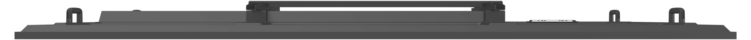 Ein dunkelgrauer, rechteckiger elektronischer Apparat, von der Seite betrachtet, mit einem faltbaren Griff und kleinen Anschlüssen an jedem Ende.