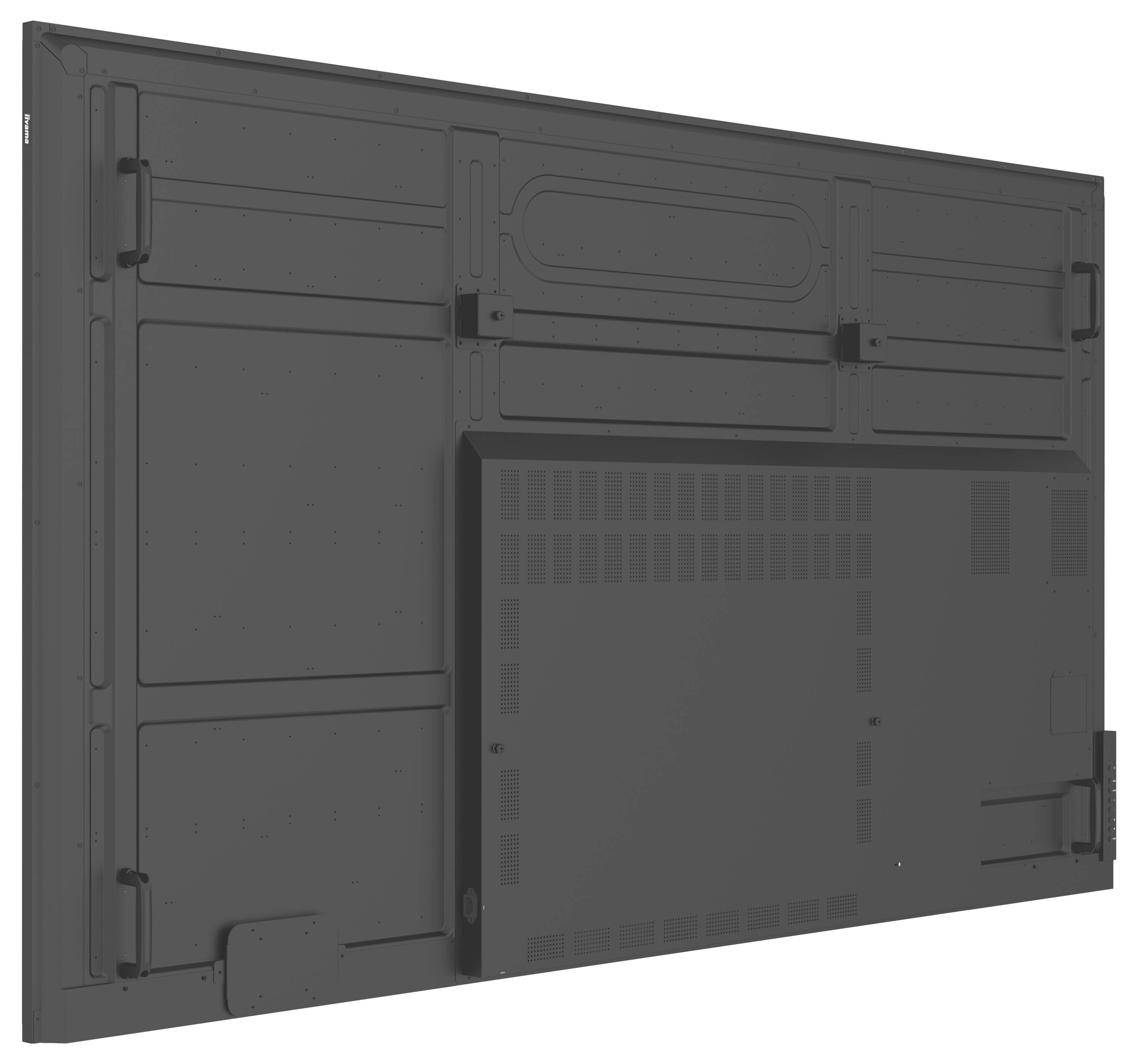Ein großes, flaches, rechteckiges elektronisches Geräte-Rückpanel mit Lüftungsschlitzen, Montagebügeln und einem zentralen Zugangspanel für Komponenten.