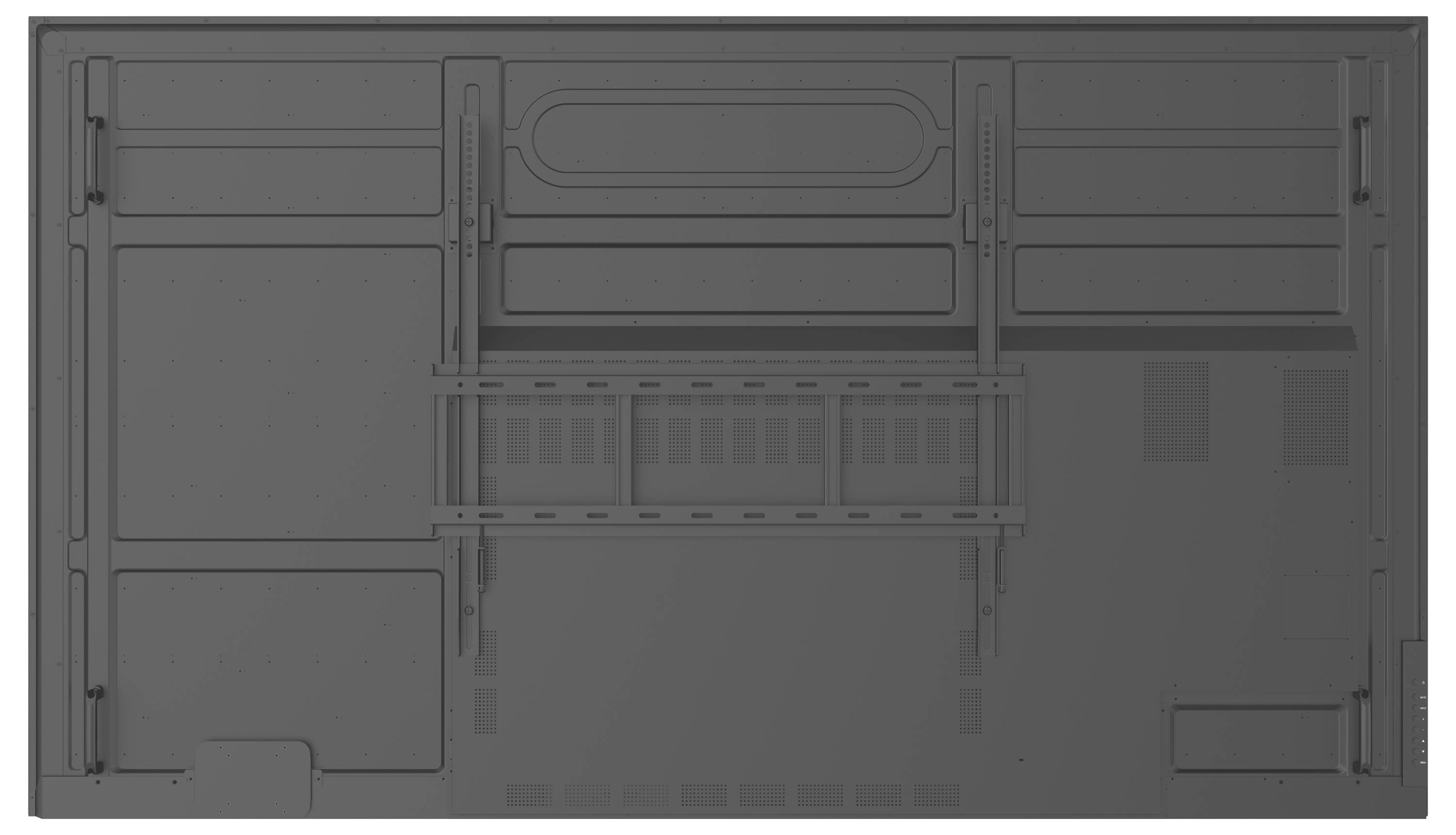 Eine flache, rechteckige Struktur mit einem gitterartigen Muster und erhöhten Abschnitten, die der Rückseite oder internen Anordnung eines elektronischen Geräts ähnelt.