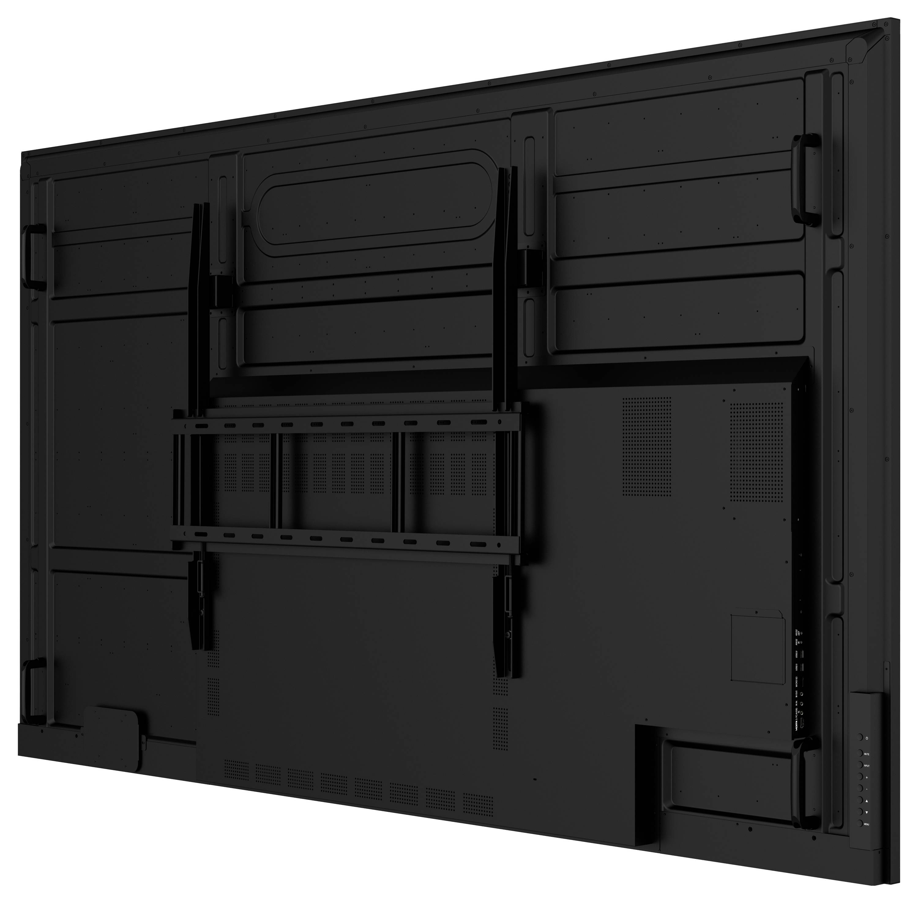 Rückansicht eines großen schwarzen Bildschirmpanels mit angebrachten Montagehalterungen und sichtbaren Anschlüssen auf der unteren rechten Seite.