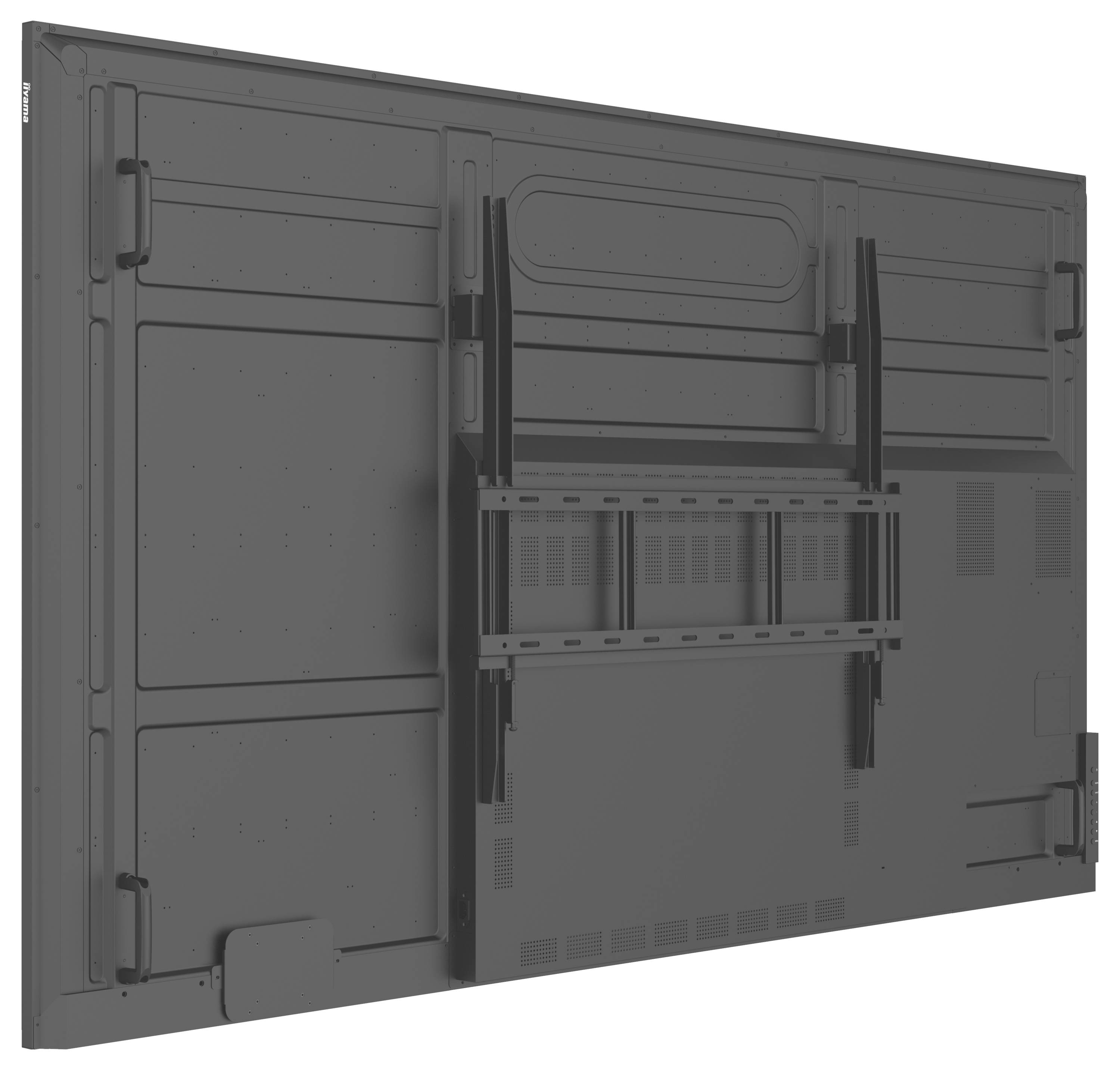 Rückansicht eines großen Flachbildschirms mit Halterungsbügeln und Lüftungsschlitzen.