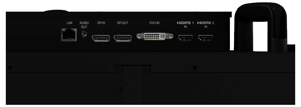 Rückansicht eines Geräts mit LAN-, Audio-out-, DVI- und HDMI 1/2-Anschlüssen, mit Konnektivitätsoptionen für Netzwerk- und Audio-/Videoeingabe.