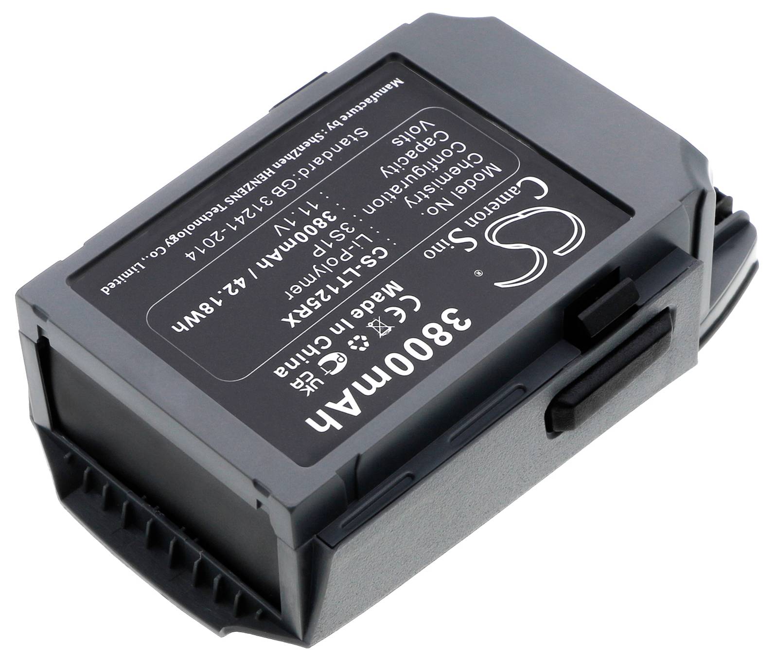 Wiederaufladbarer Akku mit einer Kapazität von 3800mAh, Spannung 7,2V, und Energie 27,4Wh. Modellbezeichnung 'CS-FH70'.
