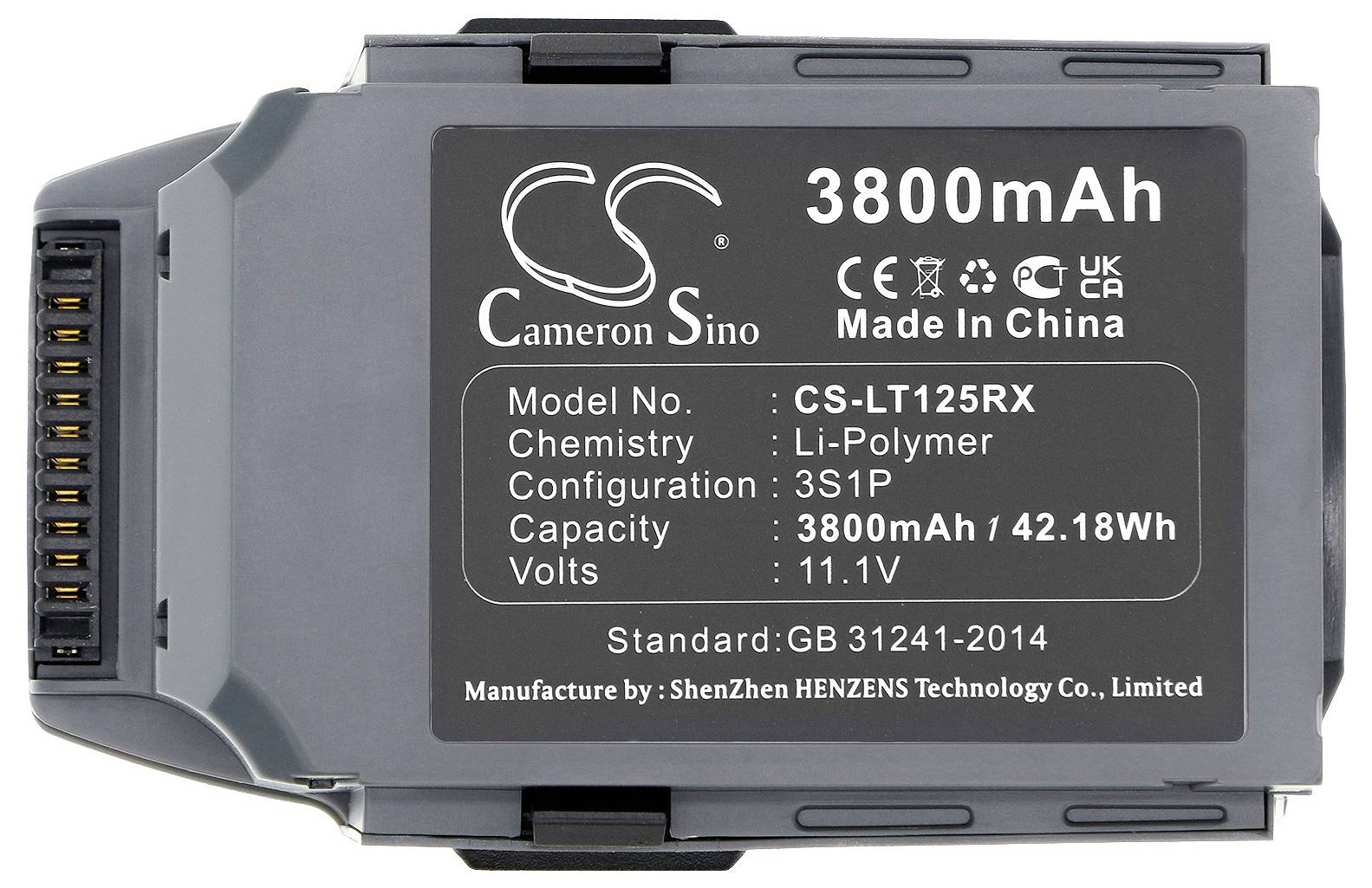 Lithium-Polymer-Akku; Modell: CS-LT125RX, Kapazität: 3800mAh, Spannung: 11.1V, Hersteller: ShenZhen HENZENS, hergestellt in China.