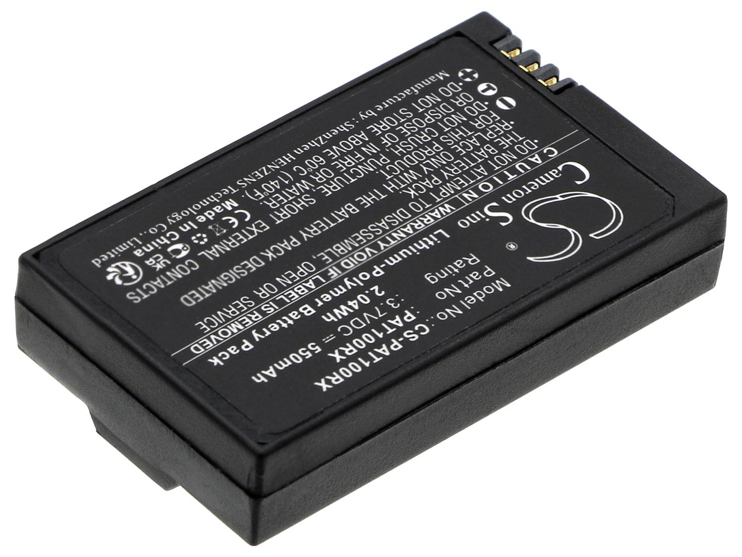 Schwarzer Lithium-Ionen-Akku mit weißem Text. Modellnummer: CS-FRP004K. Spannung: 3,7V. Kapazität: 1350mAh.