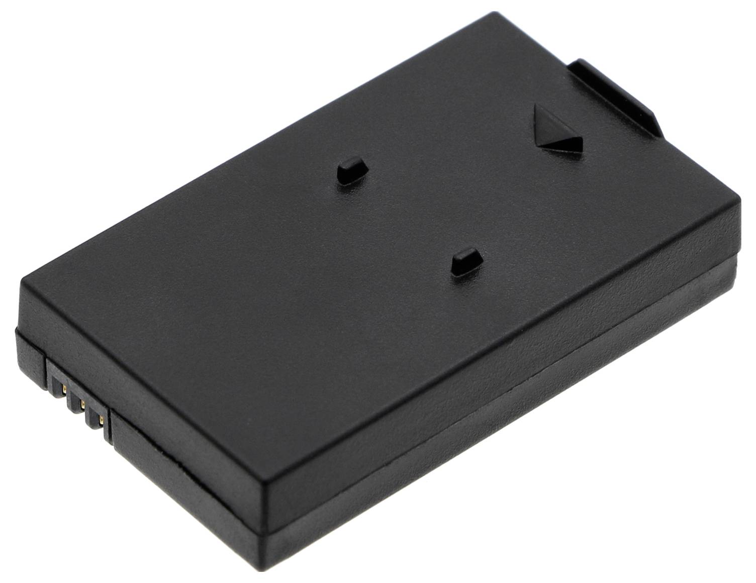 Ein schwarzer, rechteckiger Lithium-Ionen-Akku mit Kontakten an einer Seite.