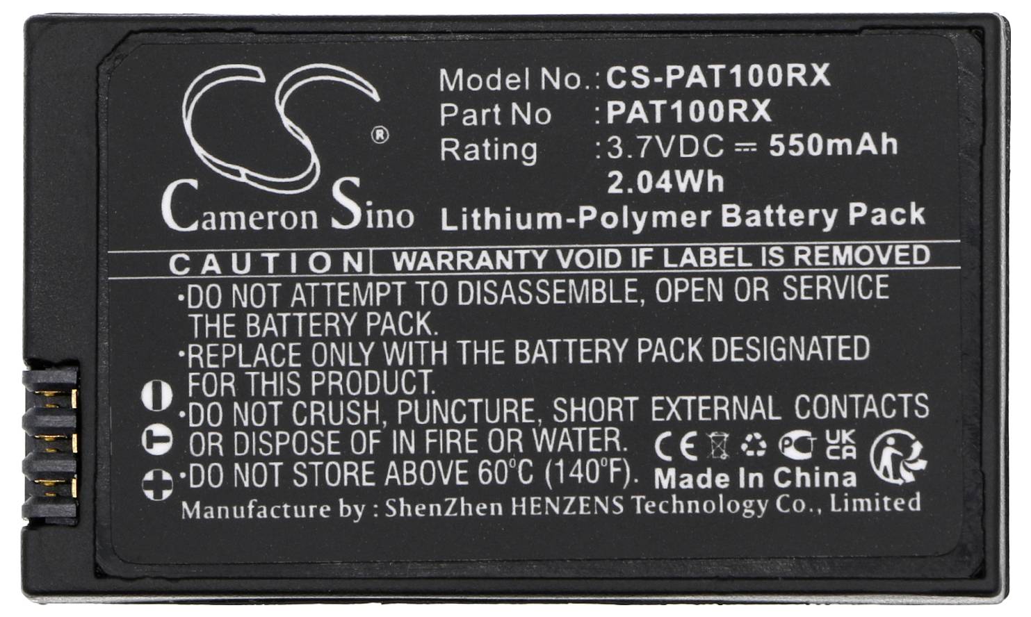 Schwarzer Lithium-Polymer-Akku. Modell: CS-PAT100RX. Nennspannung: 3,7 V, 550 mAh, 2,04 Wh. Enthält Warnhinweise und Herstellerangaben.