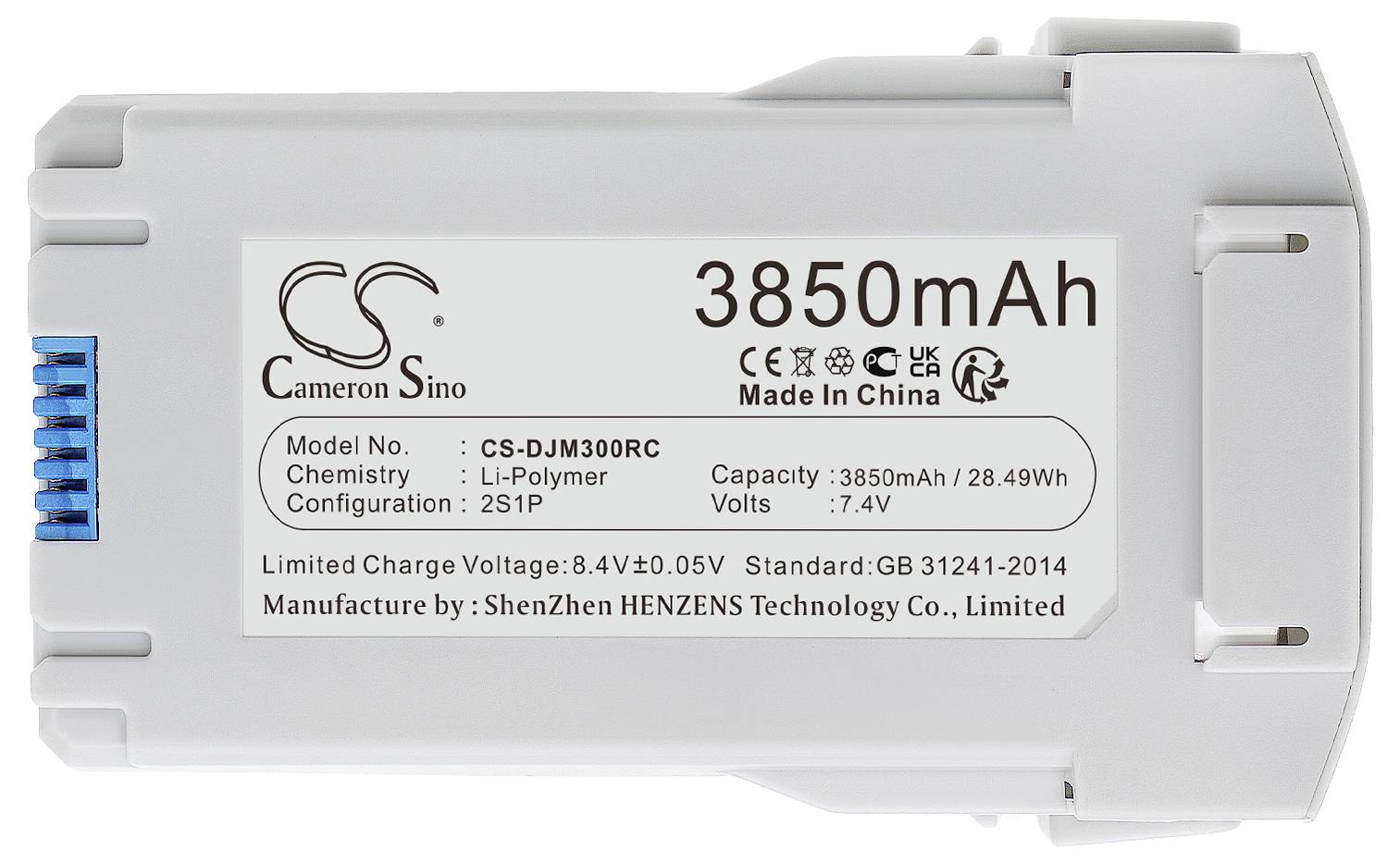 Akku mit einer Kapazität von 3850 mAh, Modellnummer CS-DJM300RC. Hergestellt in China, Li-Polymer Technik, Spannung 7,4V.