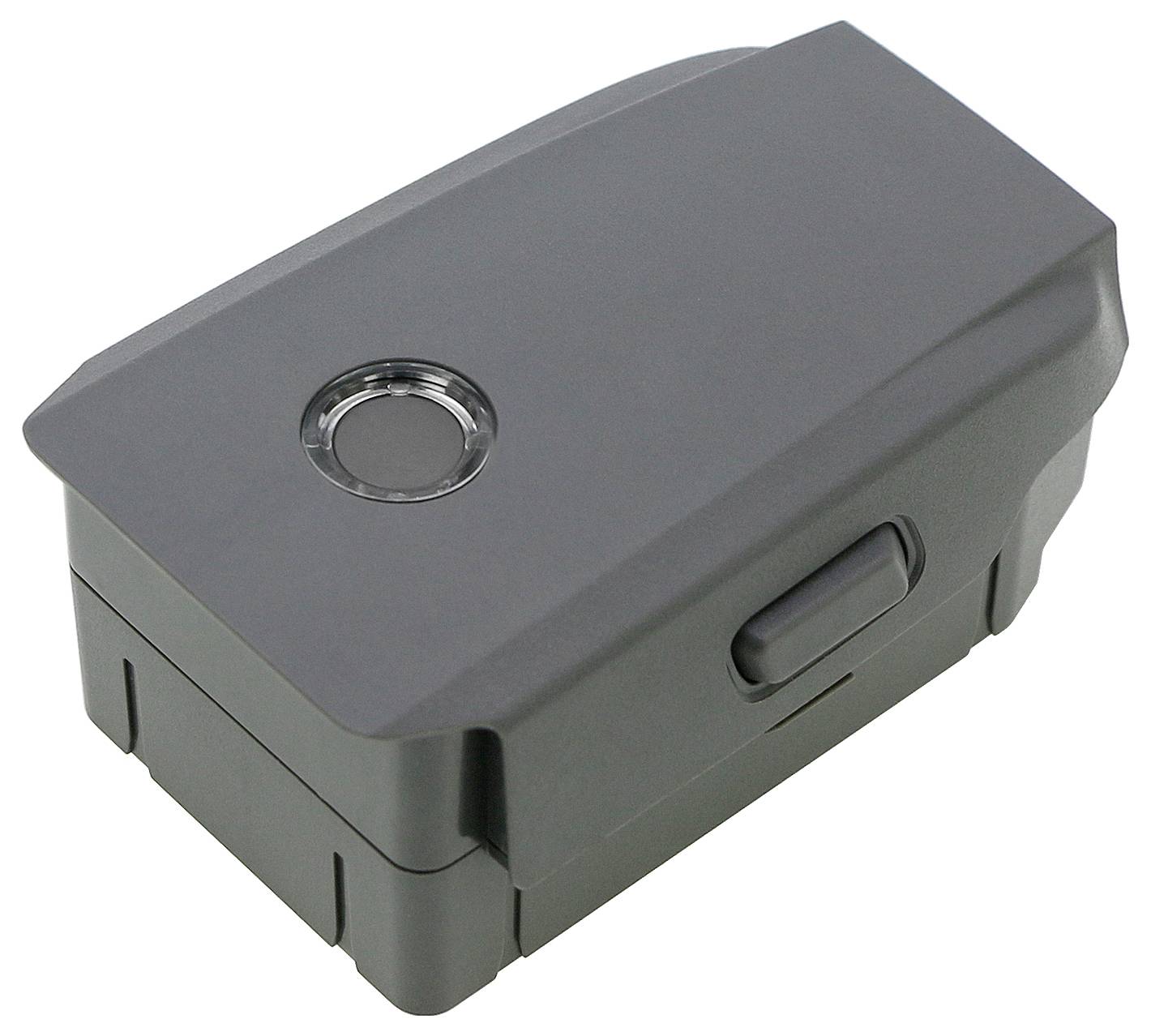 Eine schwarze, rechteckige Batterieeinheit mit abgerundeten Kanten. Ein runder Knopf oben, seitlich ein Griff.